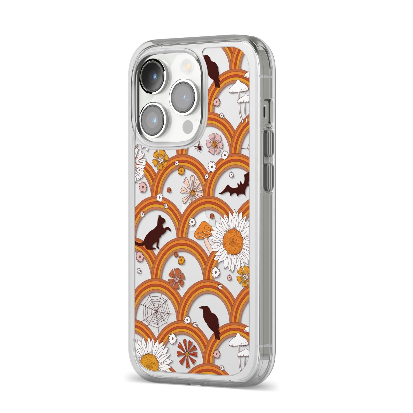Retro Halloween iPhone 14 Pro Clear Tough Case Silver Angled Image