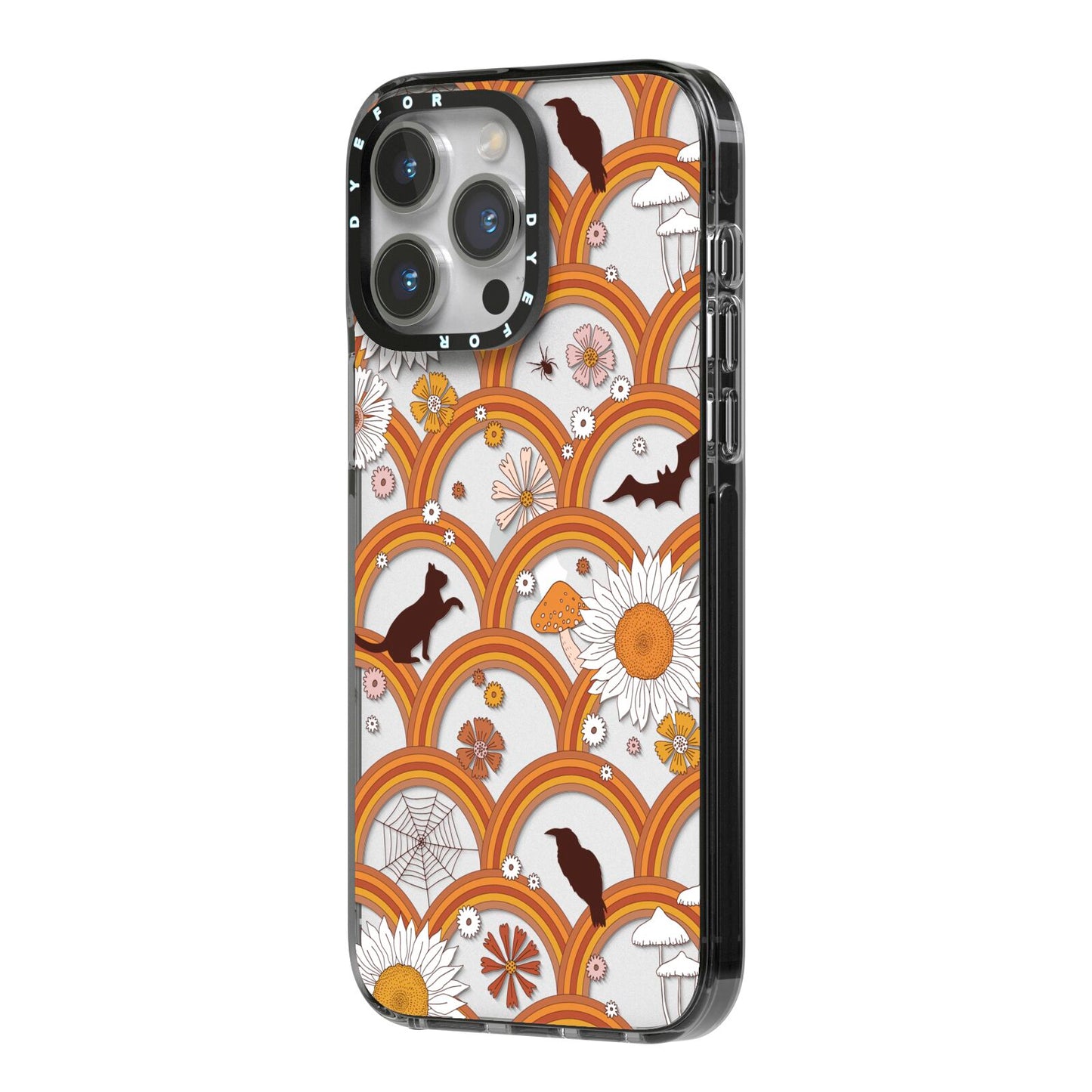 Retro Halloween iPhone 14 Pro Max Black Impact Case Side Angle on Silver phone