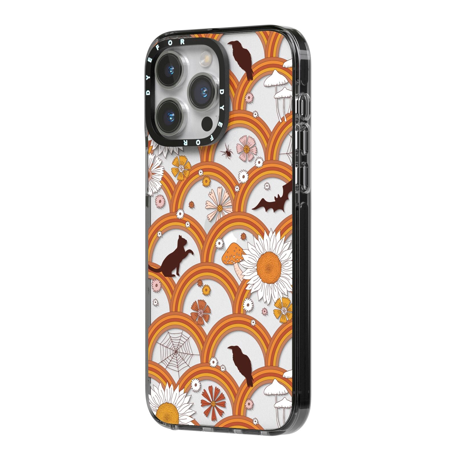 Retro Halloween iPhone 14 Pro Max Black Impact Case Side Angle on Silver phone