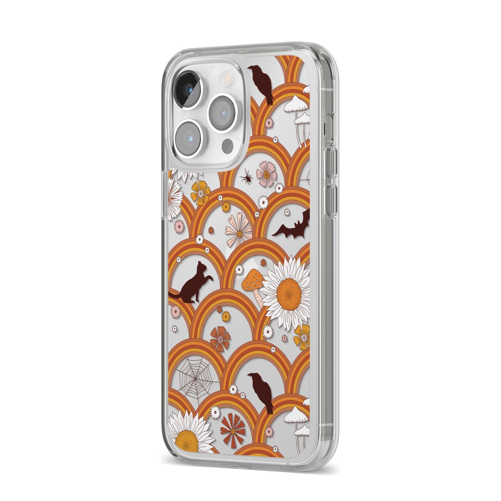 Retro Halloween iPhone 14 Pro Max Clear Tough Case Silver Angled Image