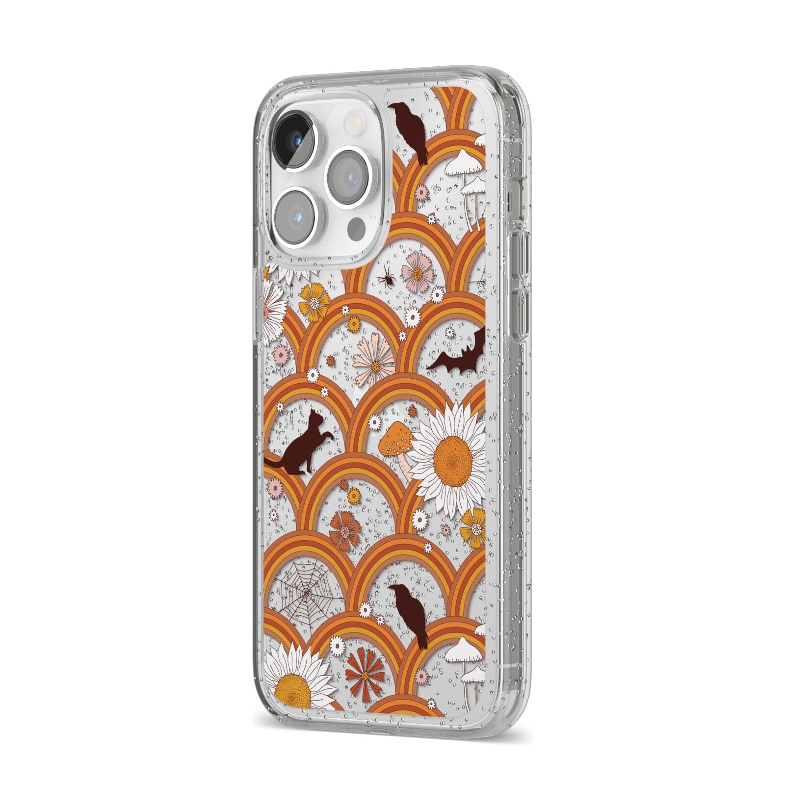 Retro Halloween iPhone 14 Pro Max Glitter Tough Case Silver Angled Image