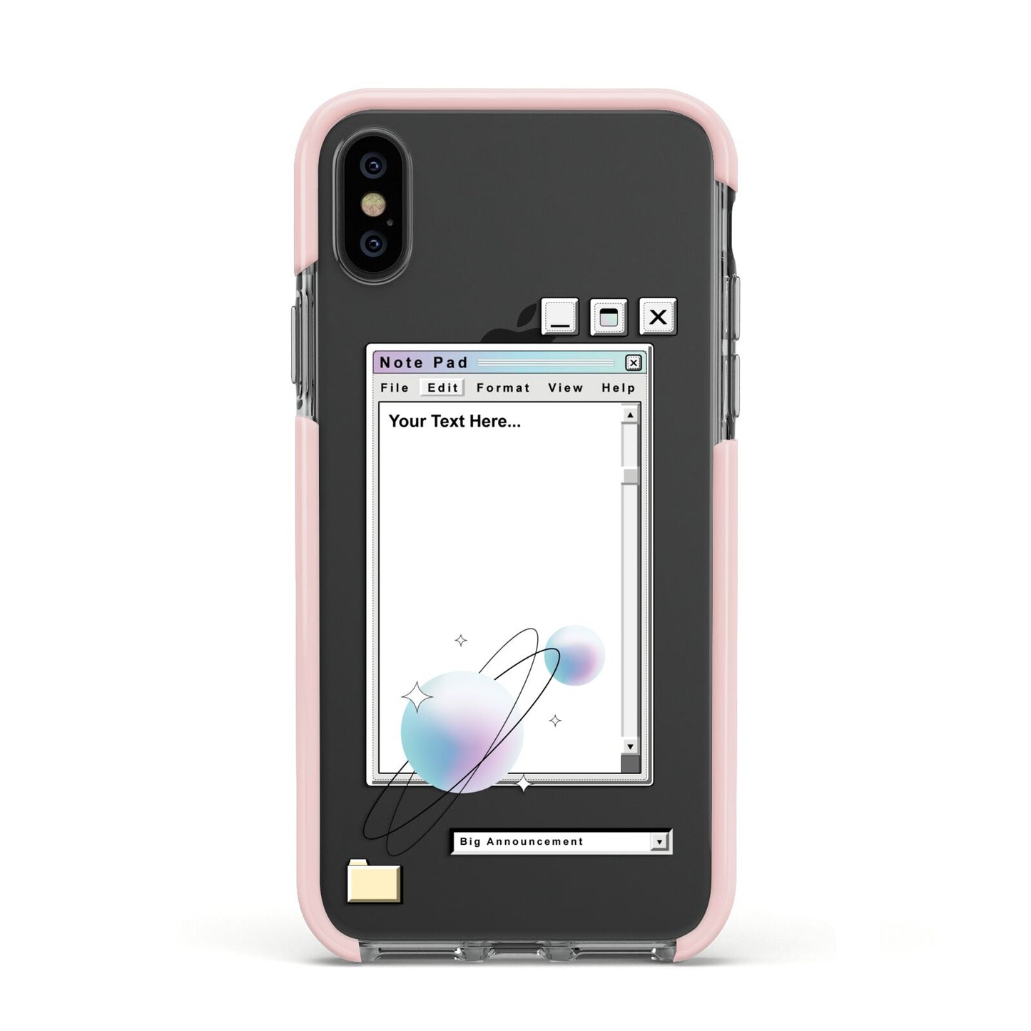 Retro Note Pad Apple iPhone Xs Impact Case Pink Edge on Black Phone