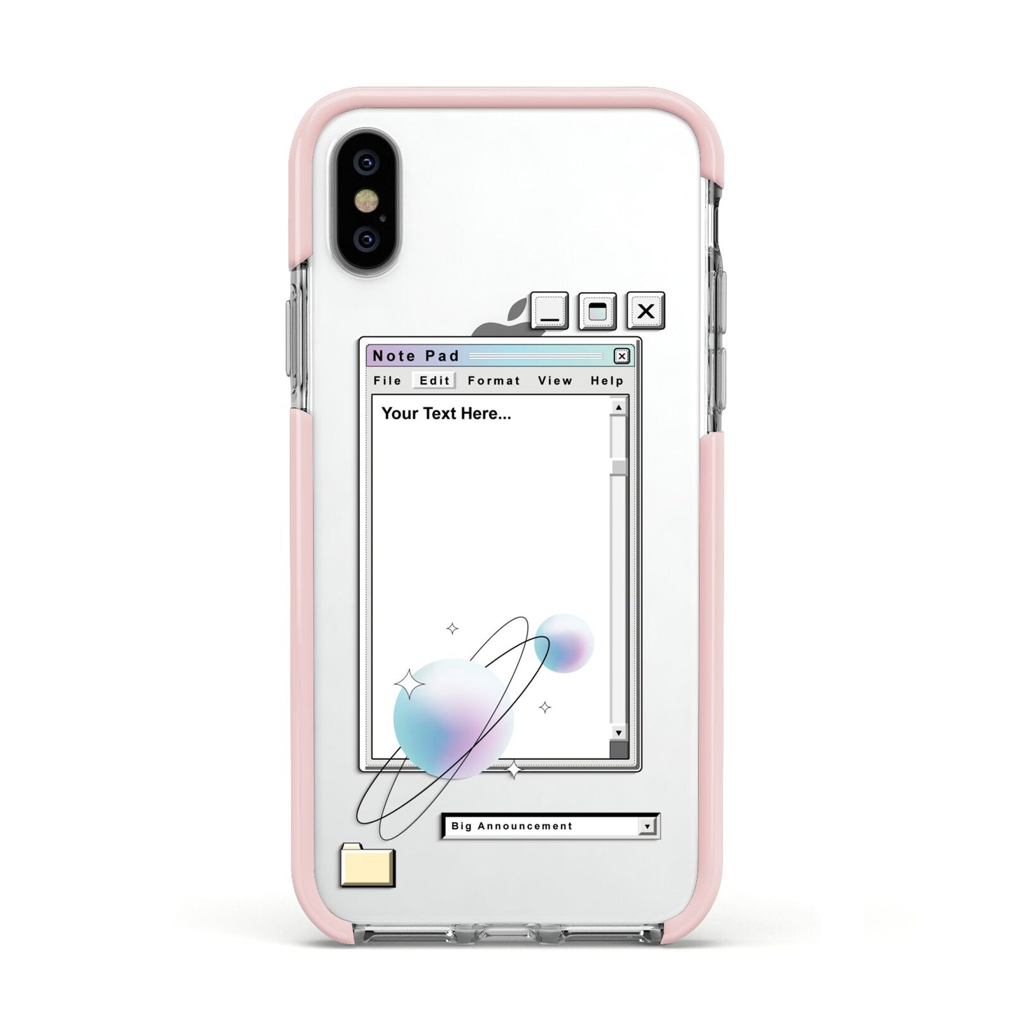 Retro Note Pad Apple iPhone Xs Impact Case Pink Edge on Silver Phone