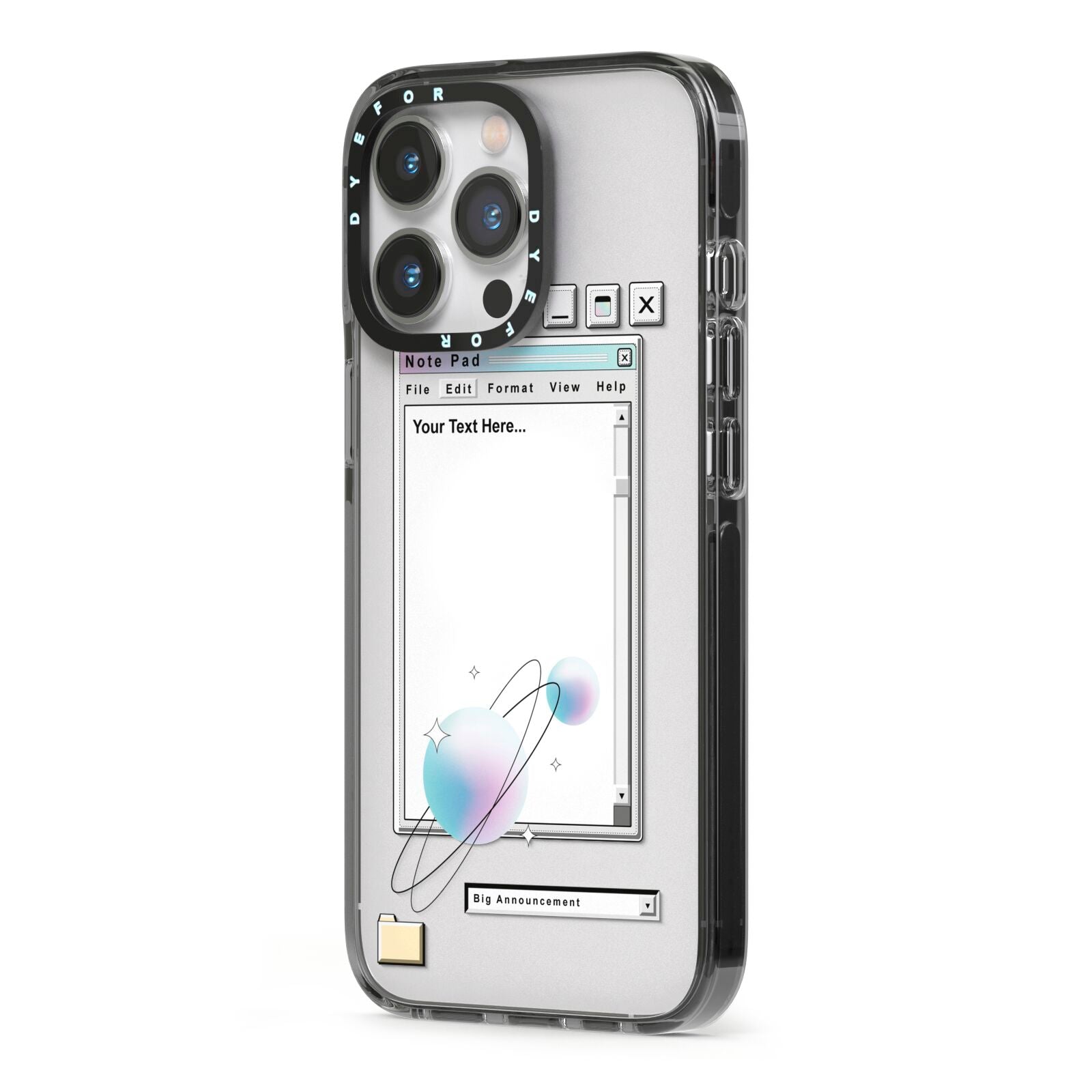 Retro Note Pad iPhone 13 Pro Black Impact Case Side Angle on Silver phone