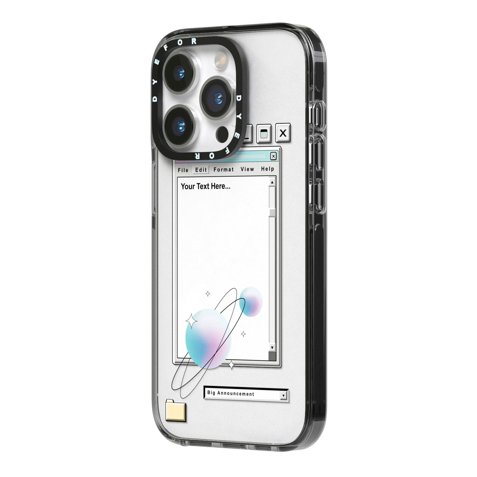Retro Note Pad iPhone 14 Pro Black Impact Case Side Angle on Silver phone