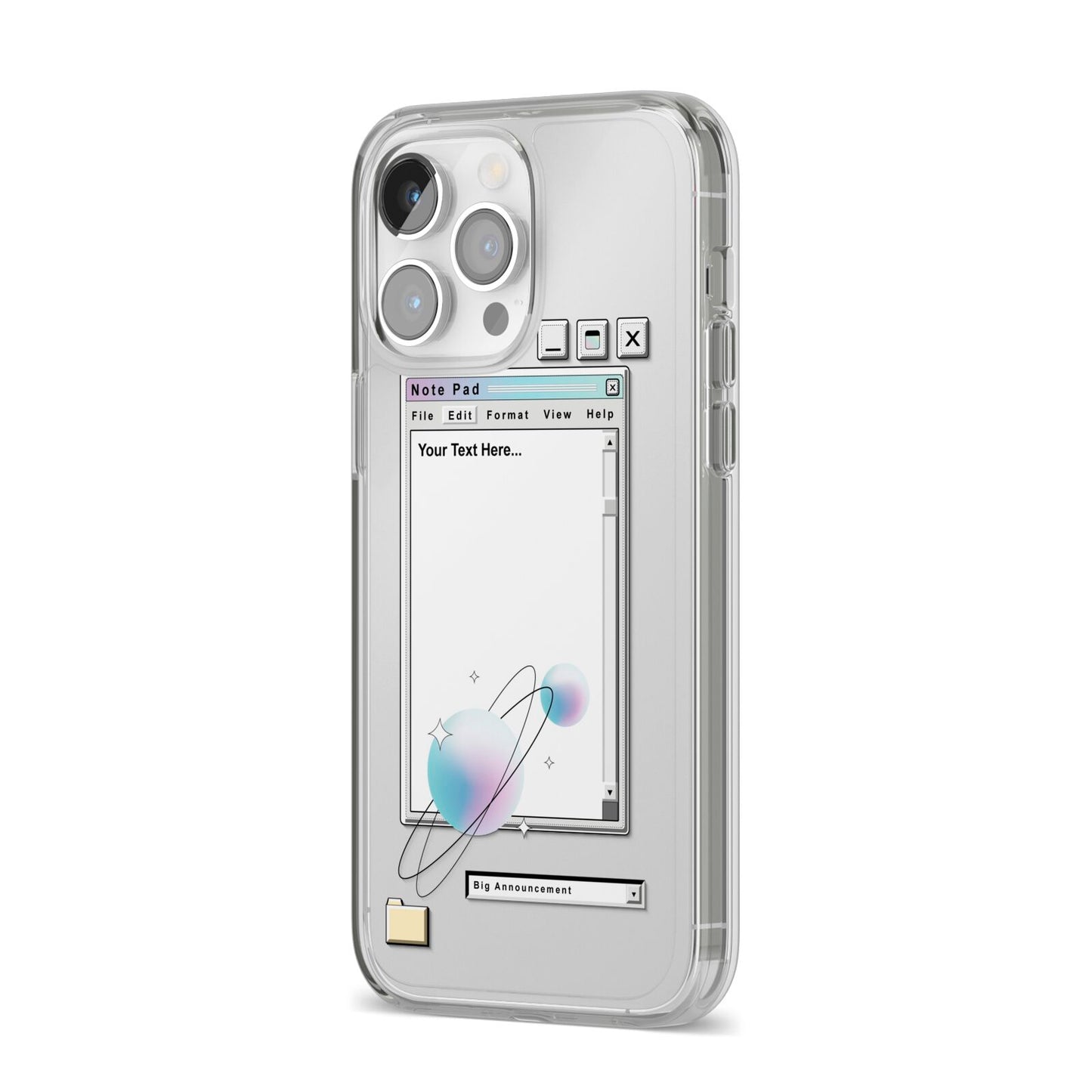 Retro Note Pad iPhone 14 Pro Max Clear Tough Case Silver Angled Image