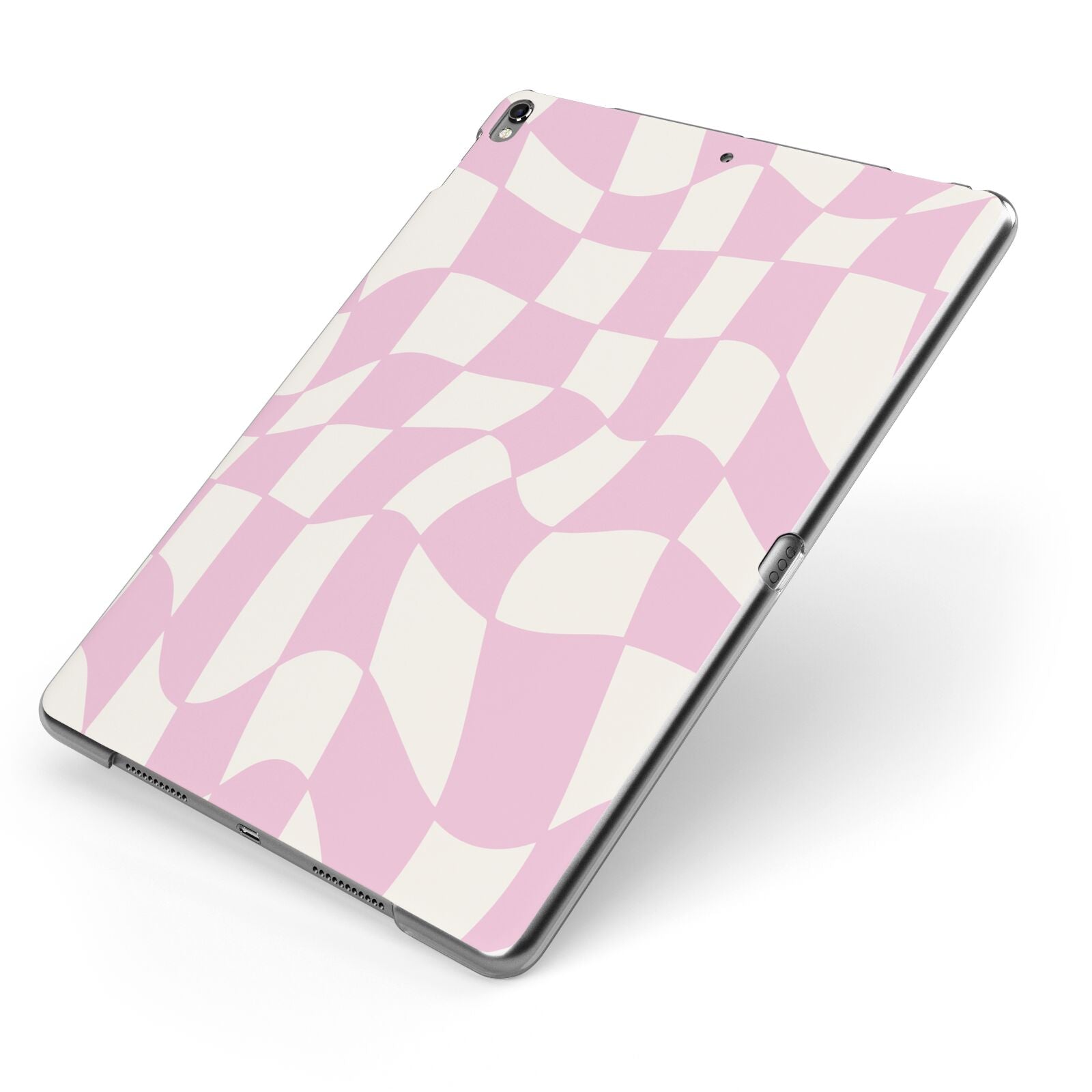 Retro Pink Check Apple iPad Case on Grey iPad Side View