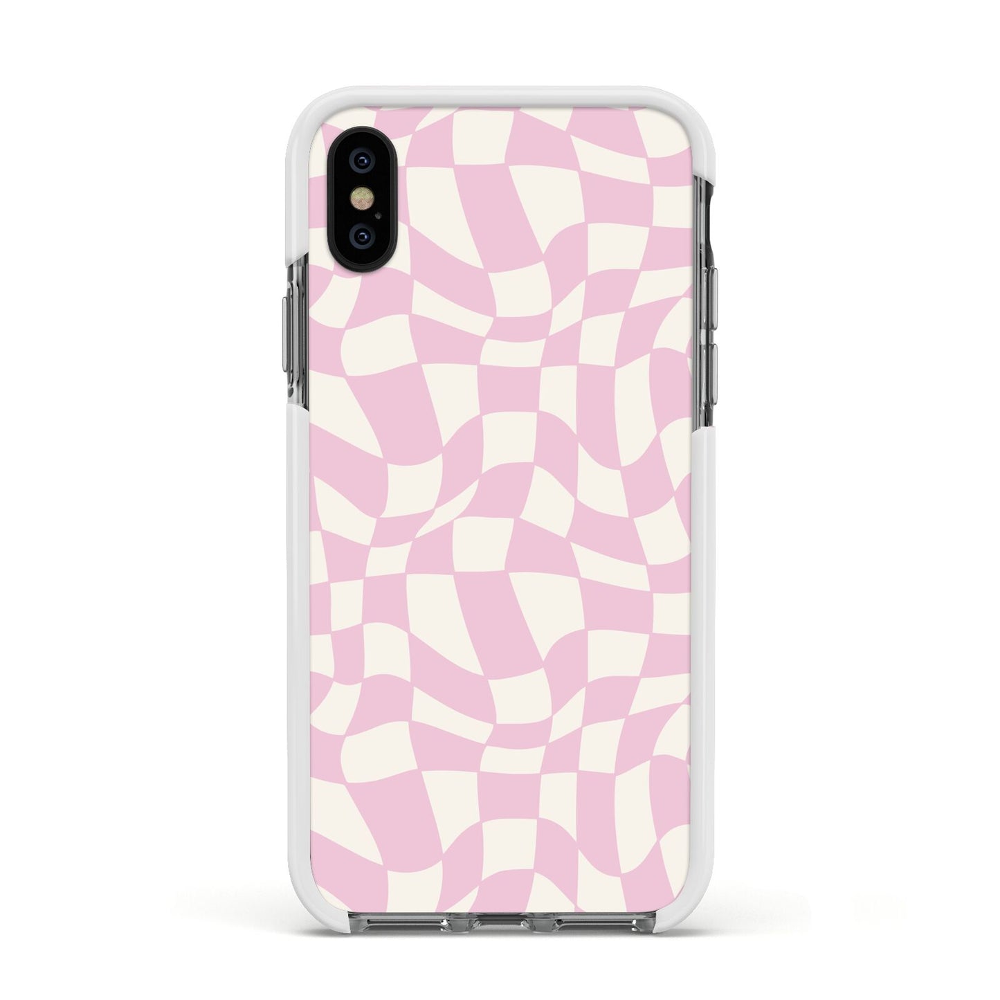 Retro Pink Check Apple iPhone Xs Impact Case White Edge on Black Phone