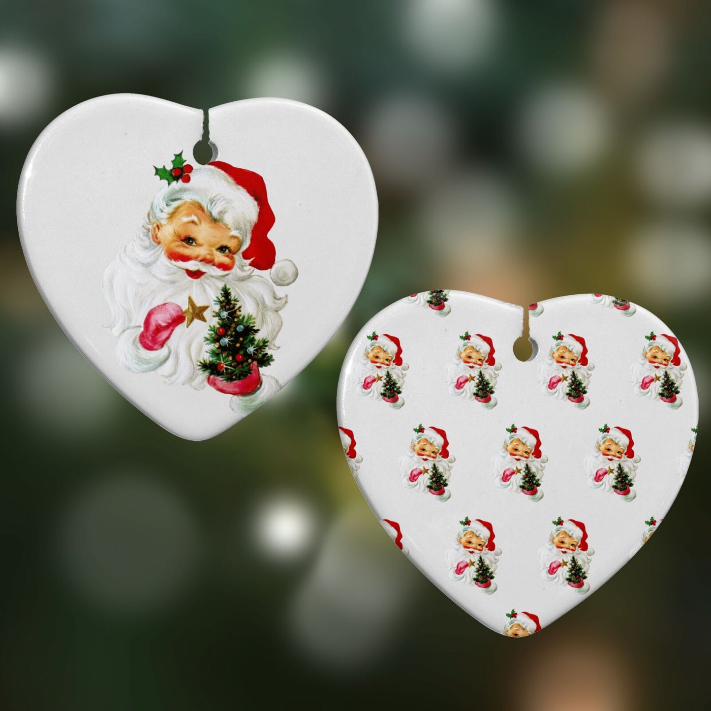 Retro Santa Face Heart Decoration on Christmas Background