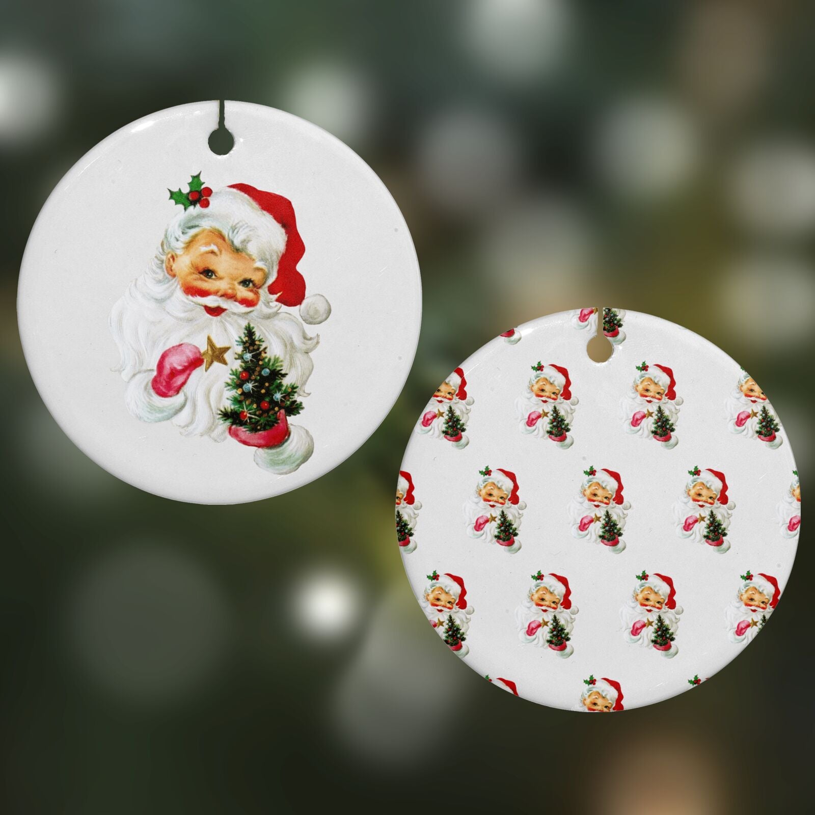 Retro Santa Face Round Decoration on Christmas Background