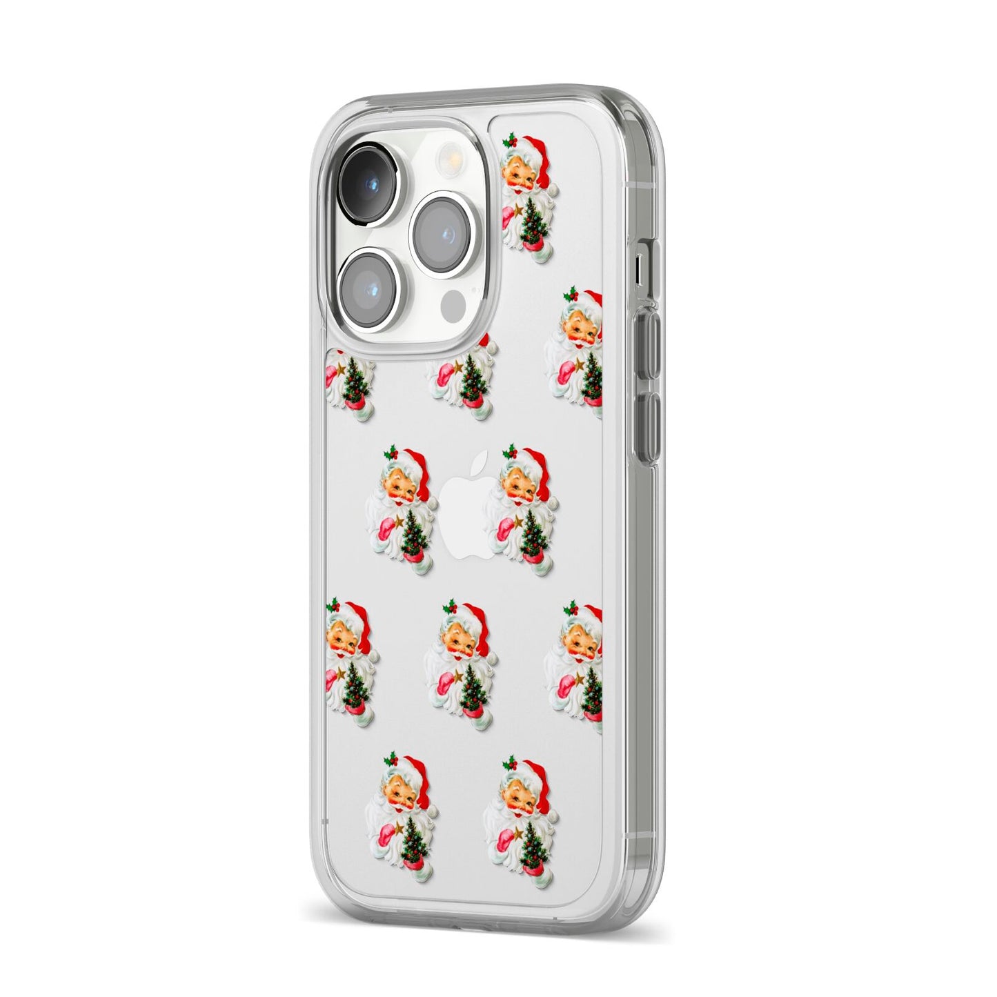 Retro Santa Face iPhone 14 Pro Clear Tough Case Silver Angled Image