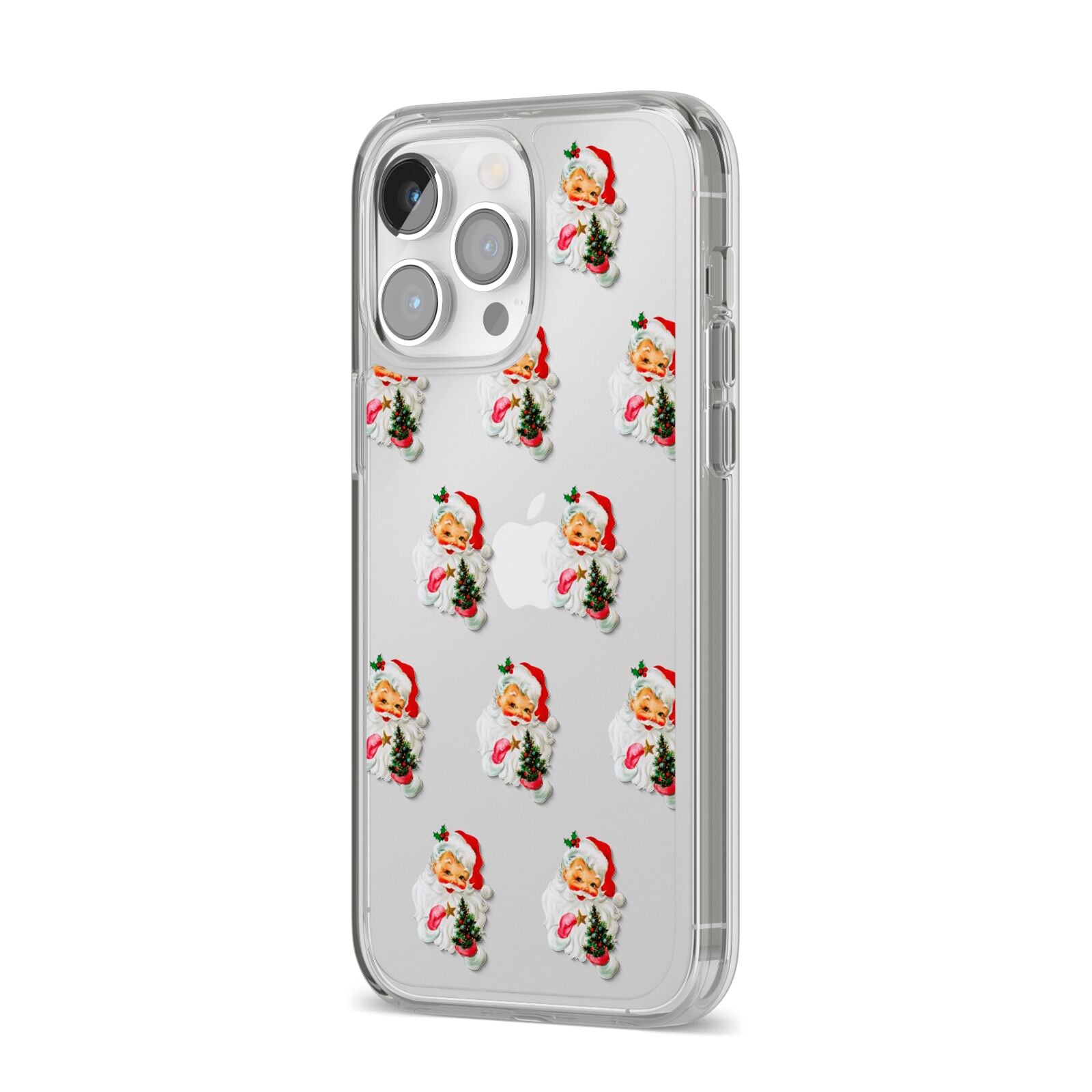 Retro Santa Face iPhone 14 Pro Max Clear Tough Case Silver Angled Image