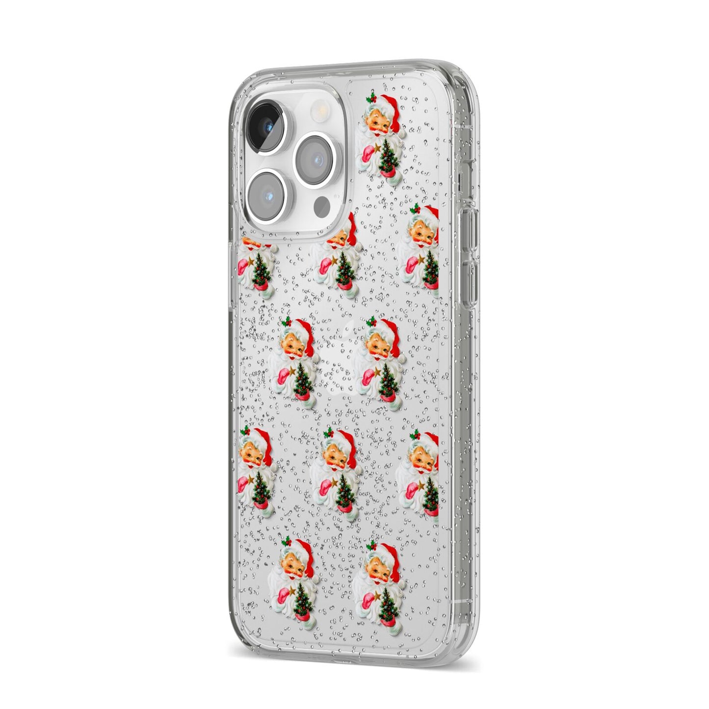 Retro Santa Face iPhone 14 Pro Max Glitter Tough Case Silver Angled Image