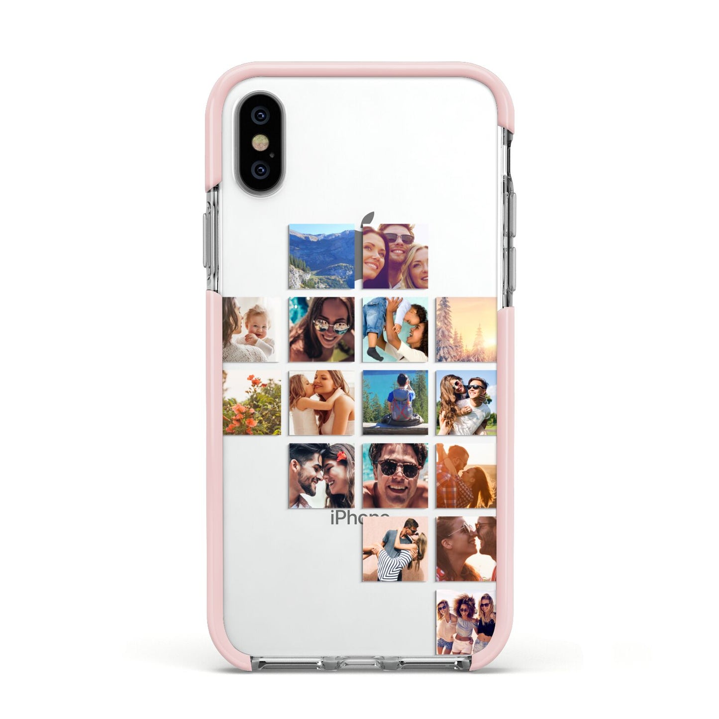 Right Diagonal Photo Montage Upload Apple iPhone Xs Impact Case Pink Edge on Silver Phone