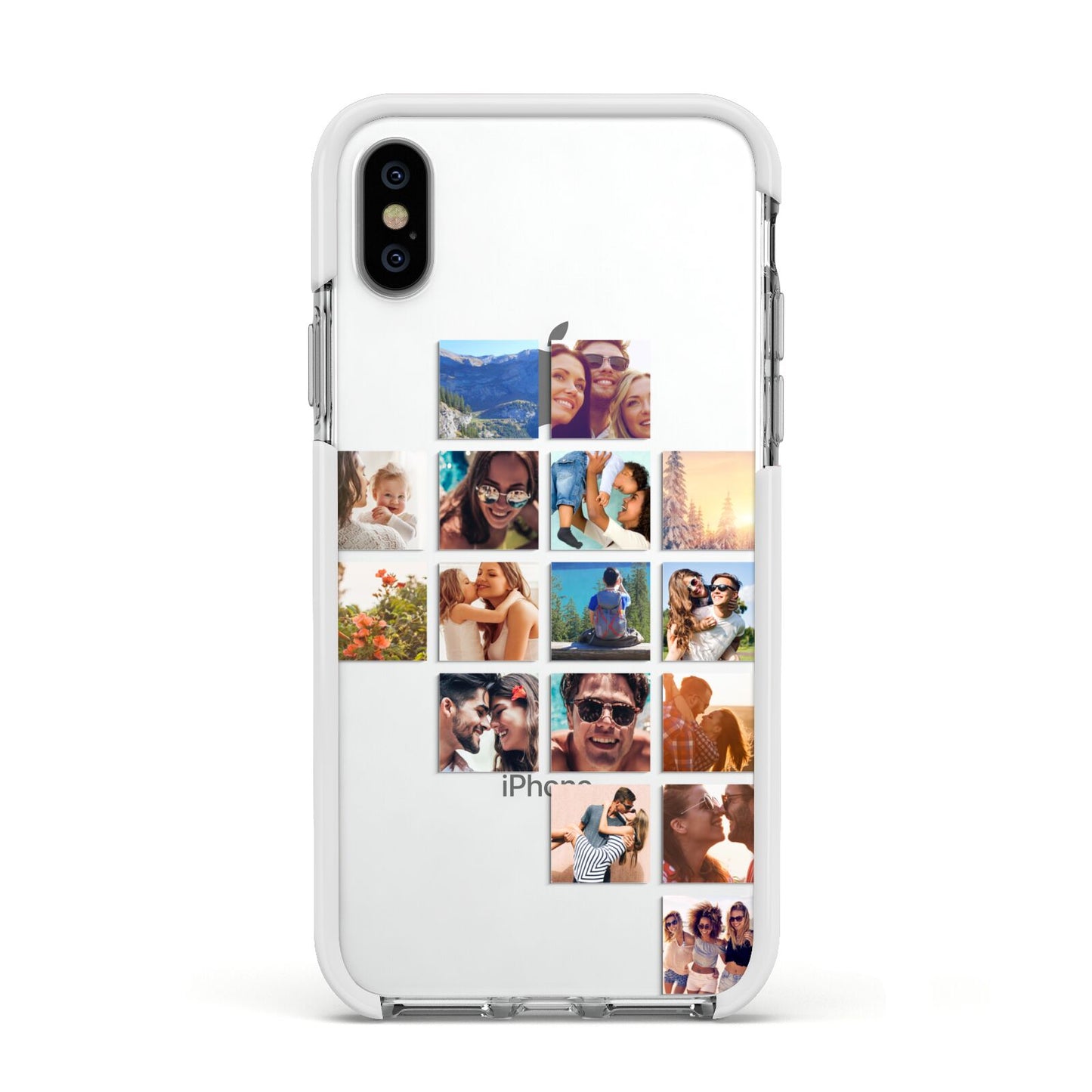 Right Diagonal Photo Montage Upload Apple iPhone Xs Impact Case White Edge on Silver Phone
