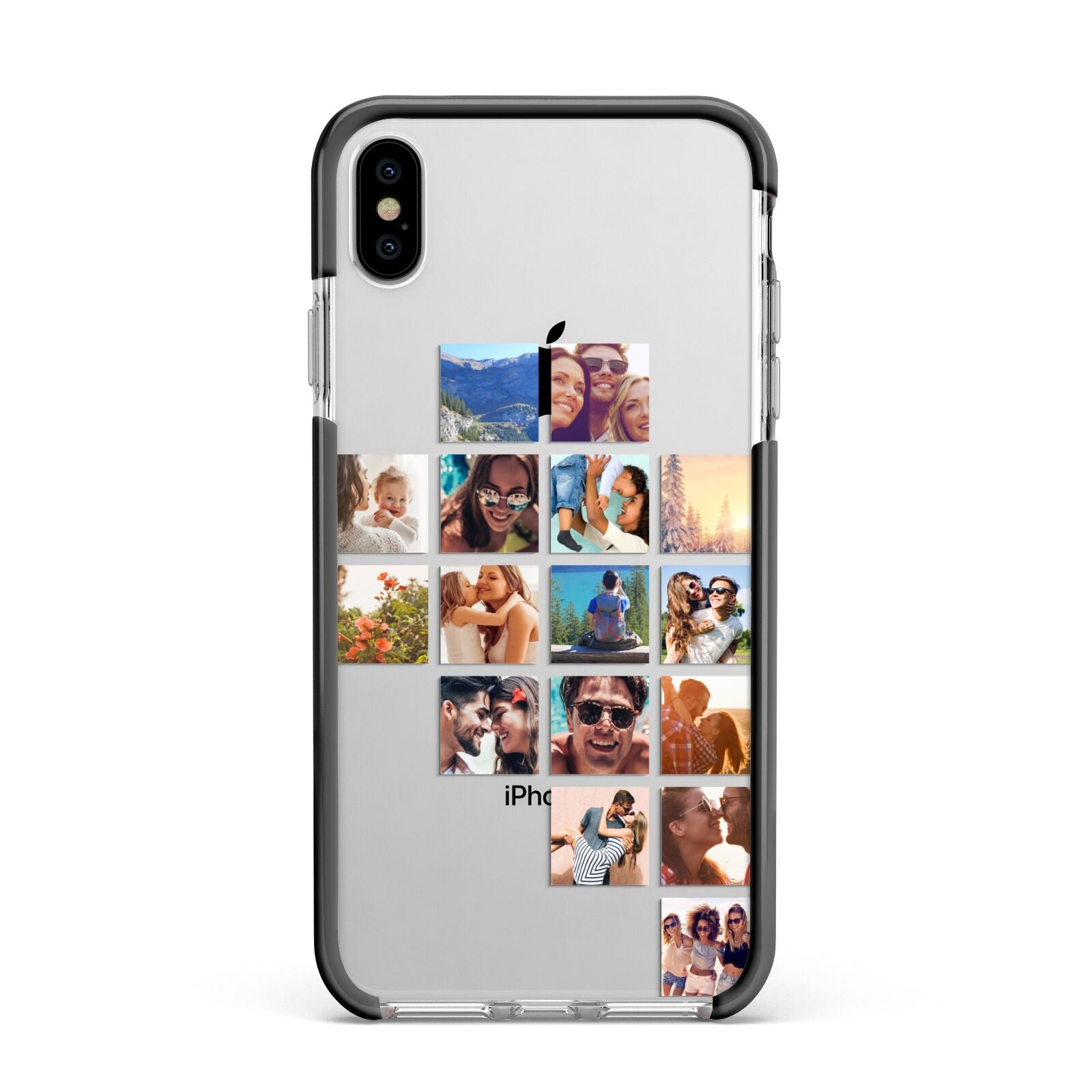 Right Diagonal Photo Montage Upload Apple iPhone Xs Max Impact Case Black Edge on Silver Phone
