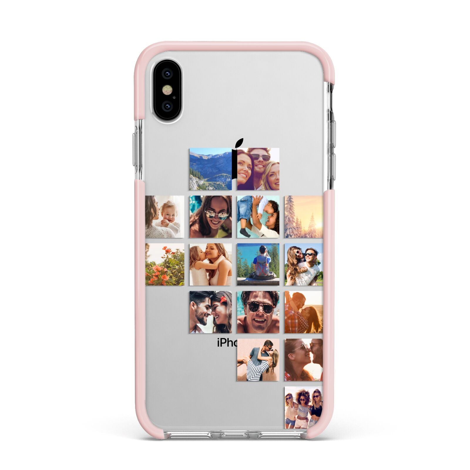 Right Diagonal Photo Montage Upload Apple iPhone Xs Max Impact Case Pink Edge on Silver Phone