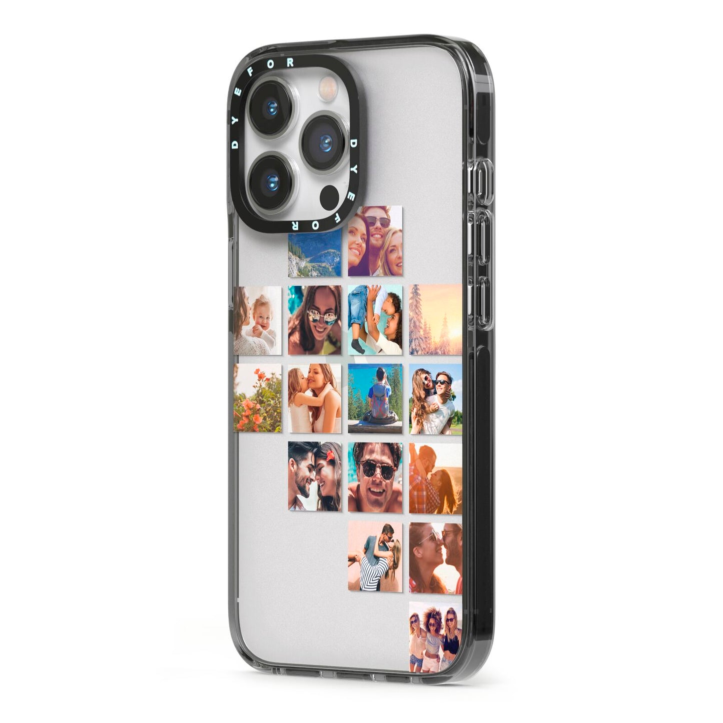 Right Diagonal Photo Montage Upload iPhone 13 Pro Black Impact Case Side Angle on Silver phone