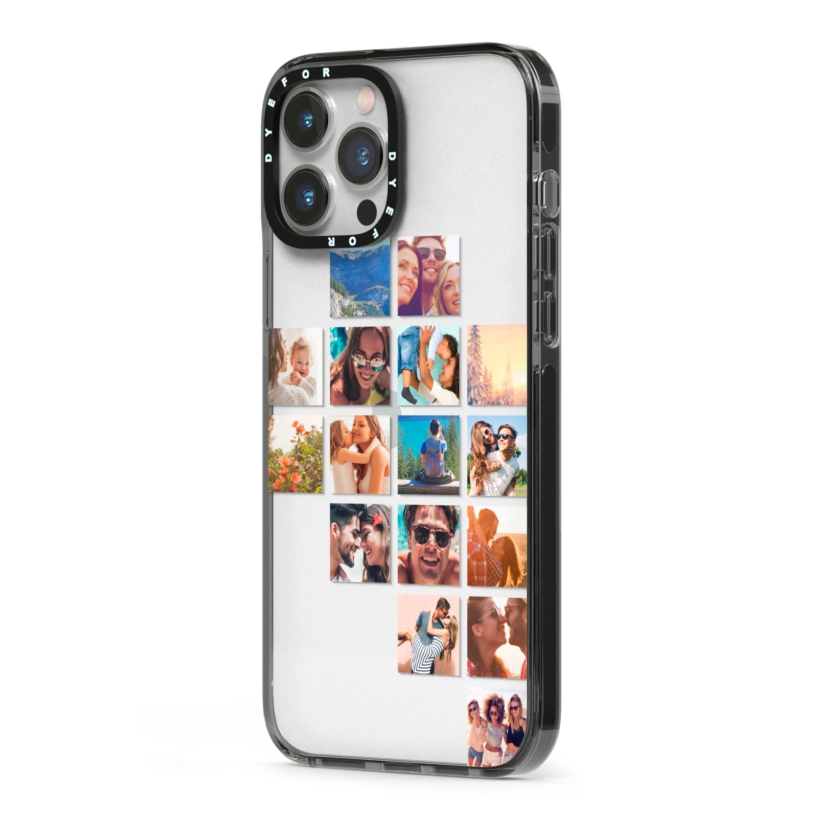 Right Diagonal Photo Montage Upload iPhone 13 Pro Max Black Impact Case Side Angle on Silver phone