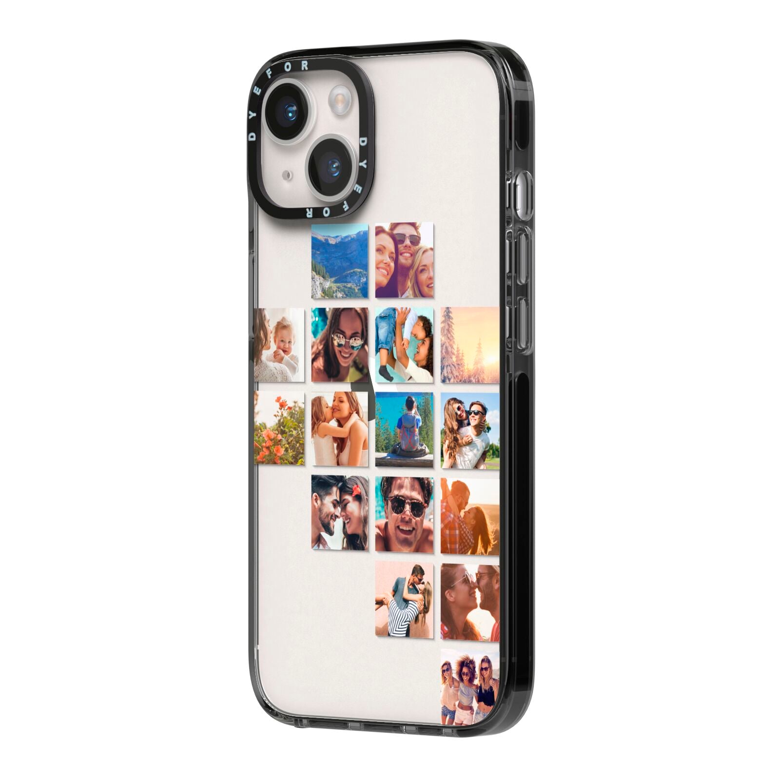 Right Diagonal Photo Montage Upload iPhone 14 Black Impact Case Side Angle on Silver phone