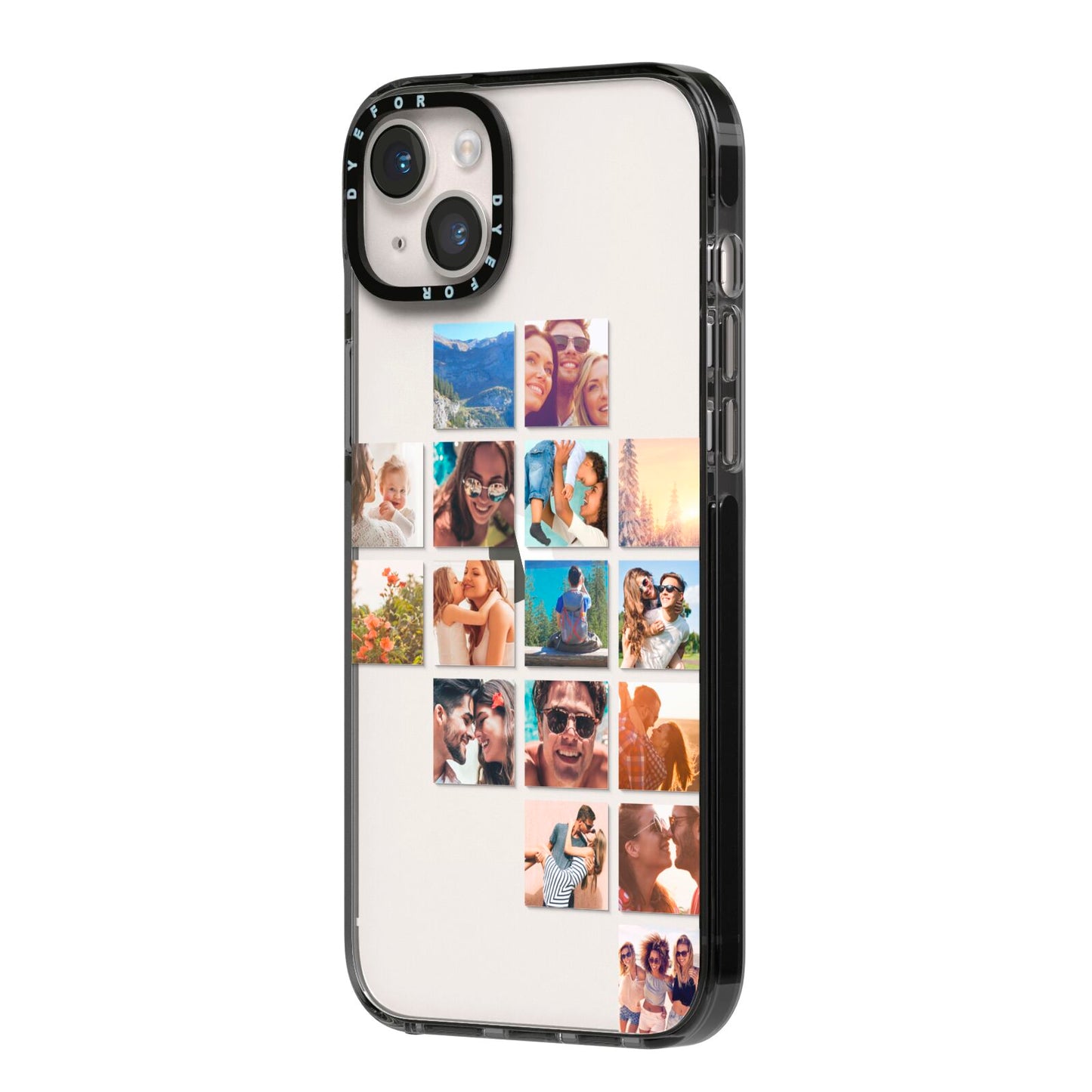 Right Diagonal Photo Montage Upload iPhone 14 Plus Black Impact Case Side Angle on Silver phone