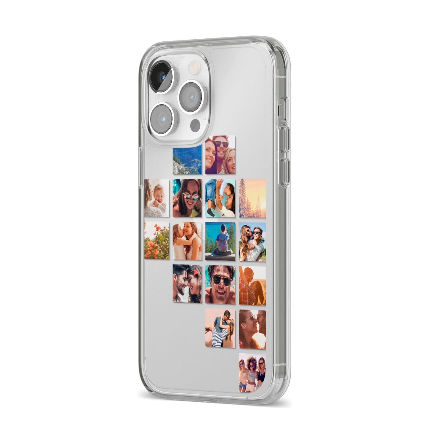 Right Diagonal Photo Montage Upload iPhone 14 Pro Max Clear Tough Case Silver Angled Image