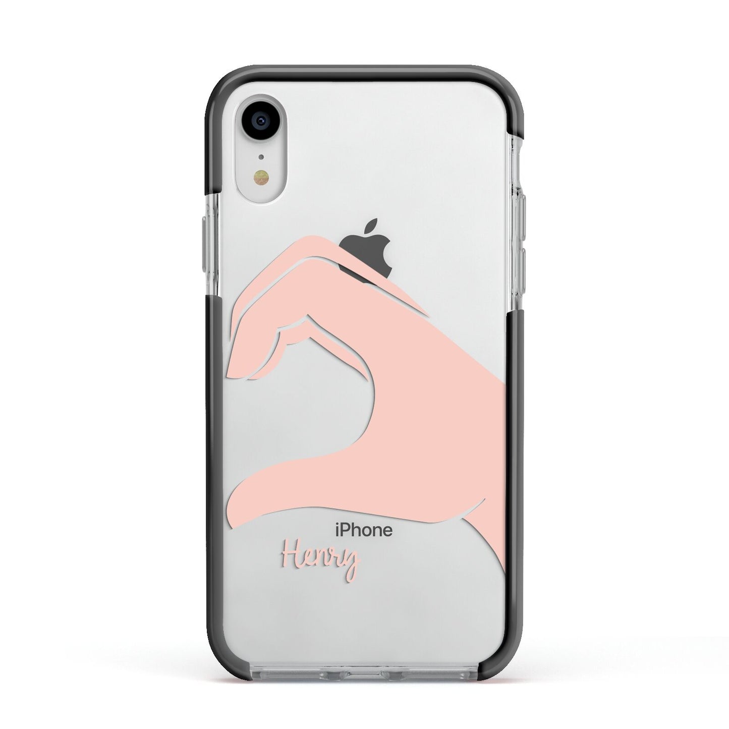 Right Hand in Half Heart with Name Apple iPhone XR Impact Case Black Edge on Silver Phone