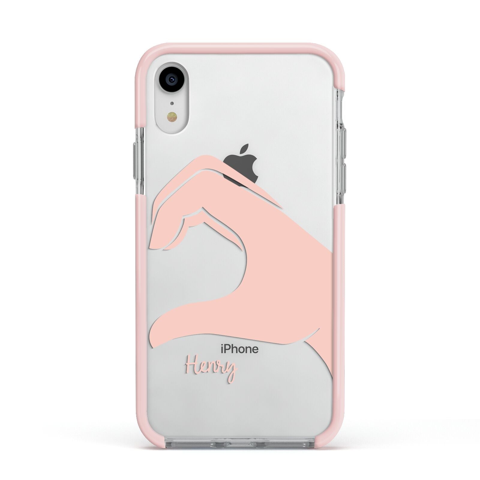 Right Hand in Half Heart with Name Apple iPhone XR Impact Case Pink Edge on Silver Phone