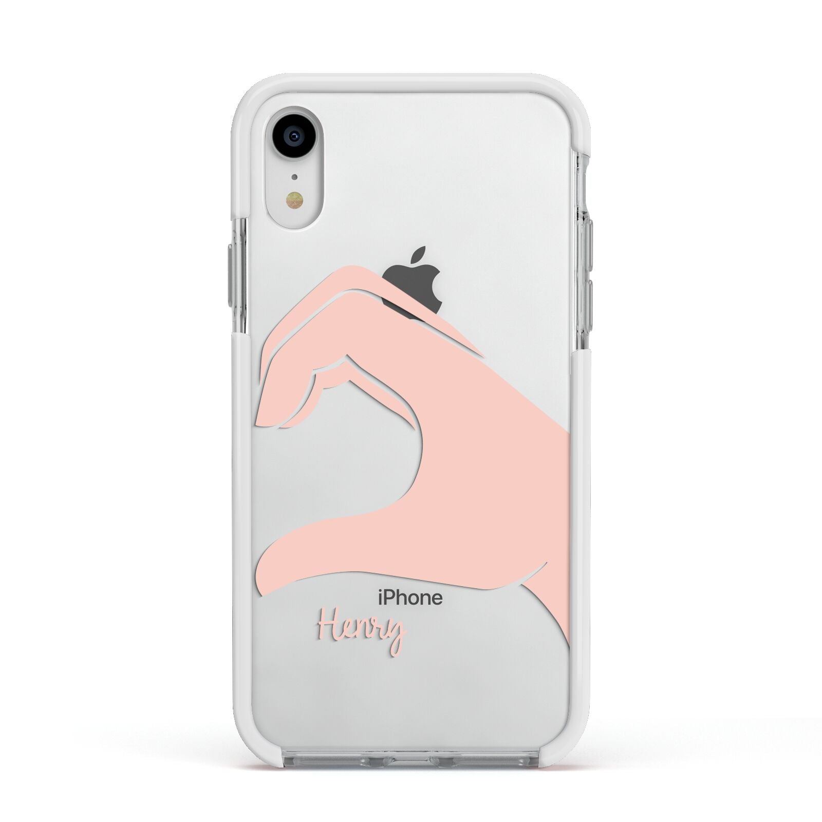 Right Hand in Half Heart with Name Apple iPhone XR Impact Case White Edge on Silver Phone