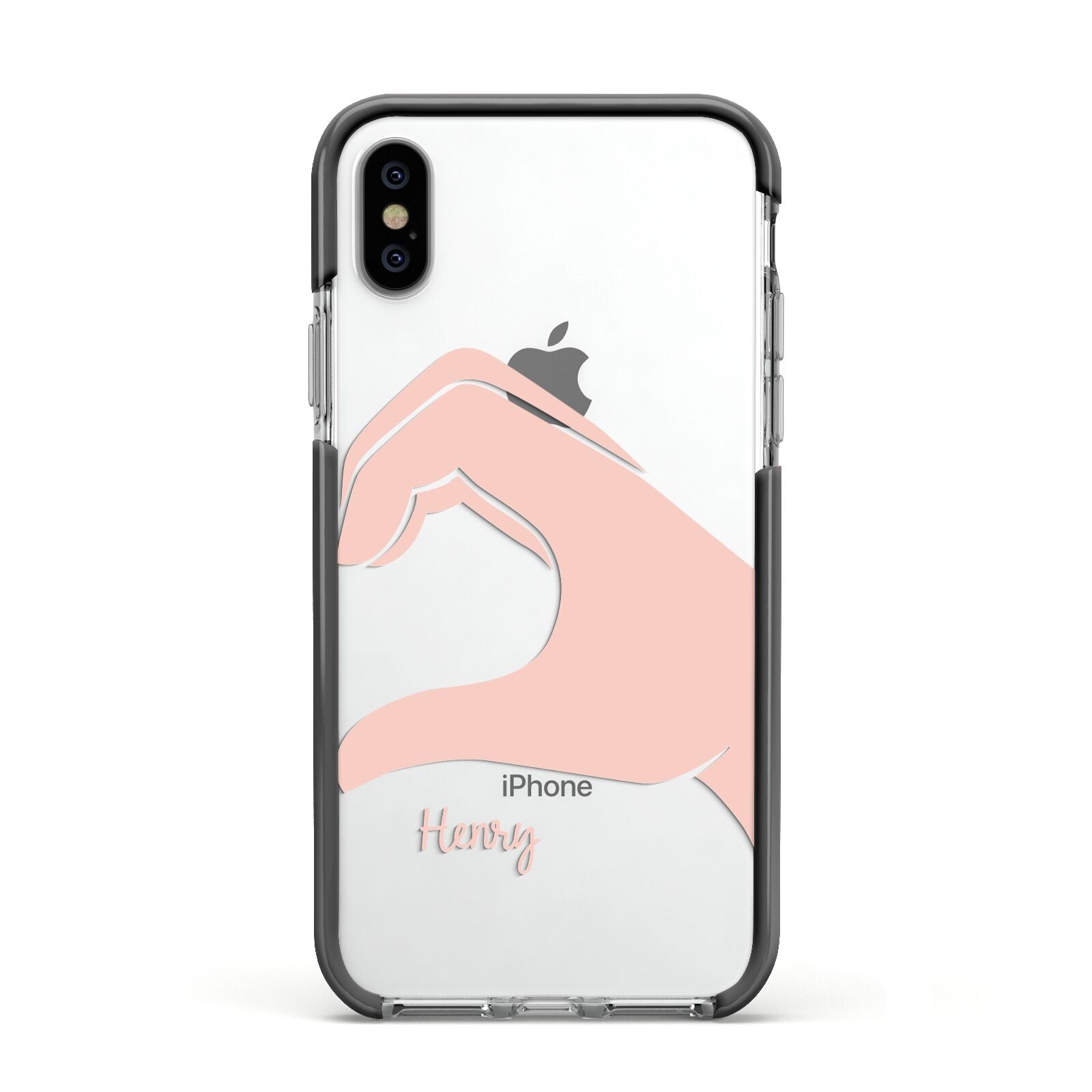 Right Hand in Half Heart with Name Apple iPhone Xs Impact Case Black Edge on Silver Phone