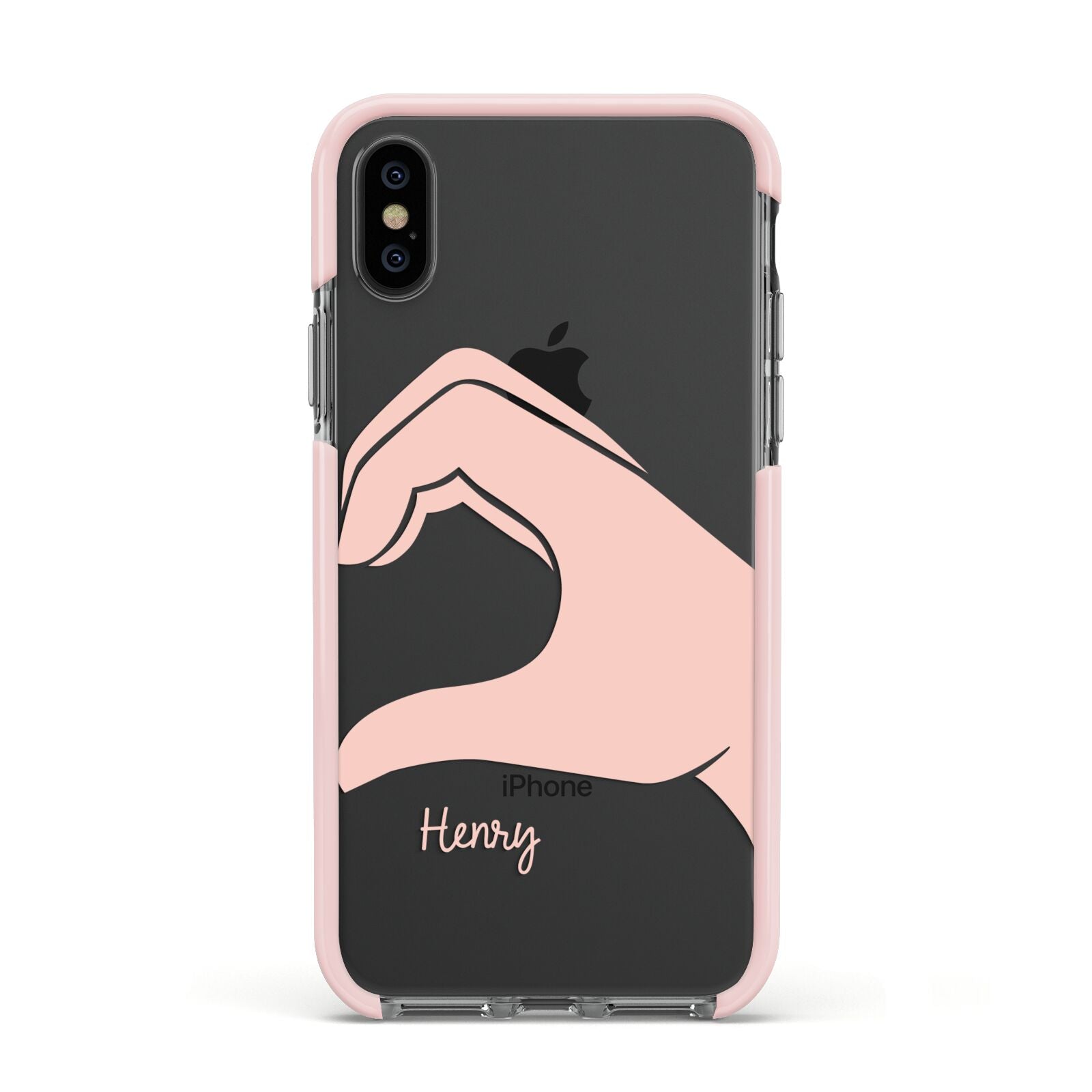 Right Hand in Half Heart with Name Apple iPhone Xs Impact Case Pink Edge on Black Phone