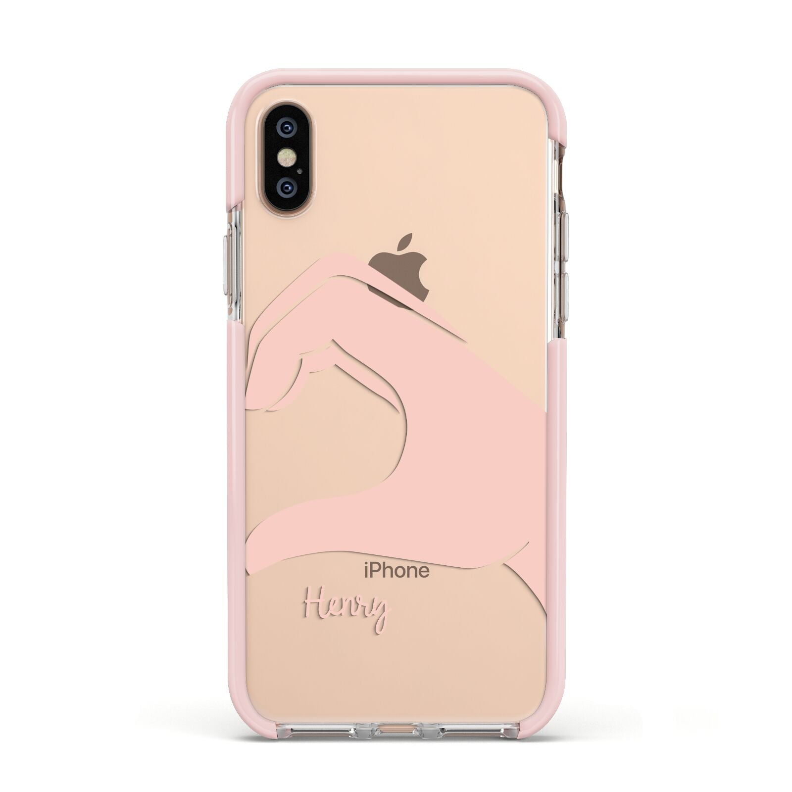 Right Hand in Half Heart with Name Apple iPhone Xs Impact Case Pink Edge on Gold Phone