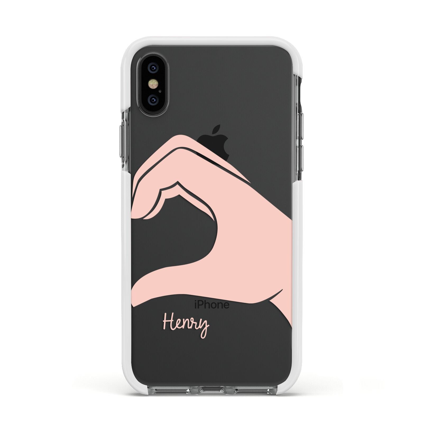 Right Hand in Half Heart with Name Apple iPhone Xs Impact Case White Edge on Black Phone
