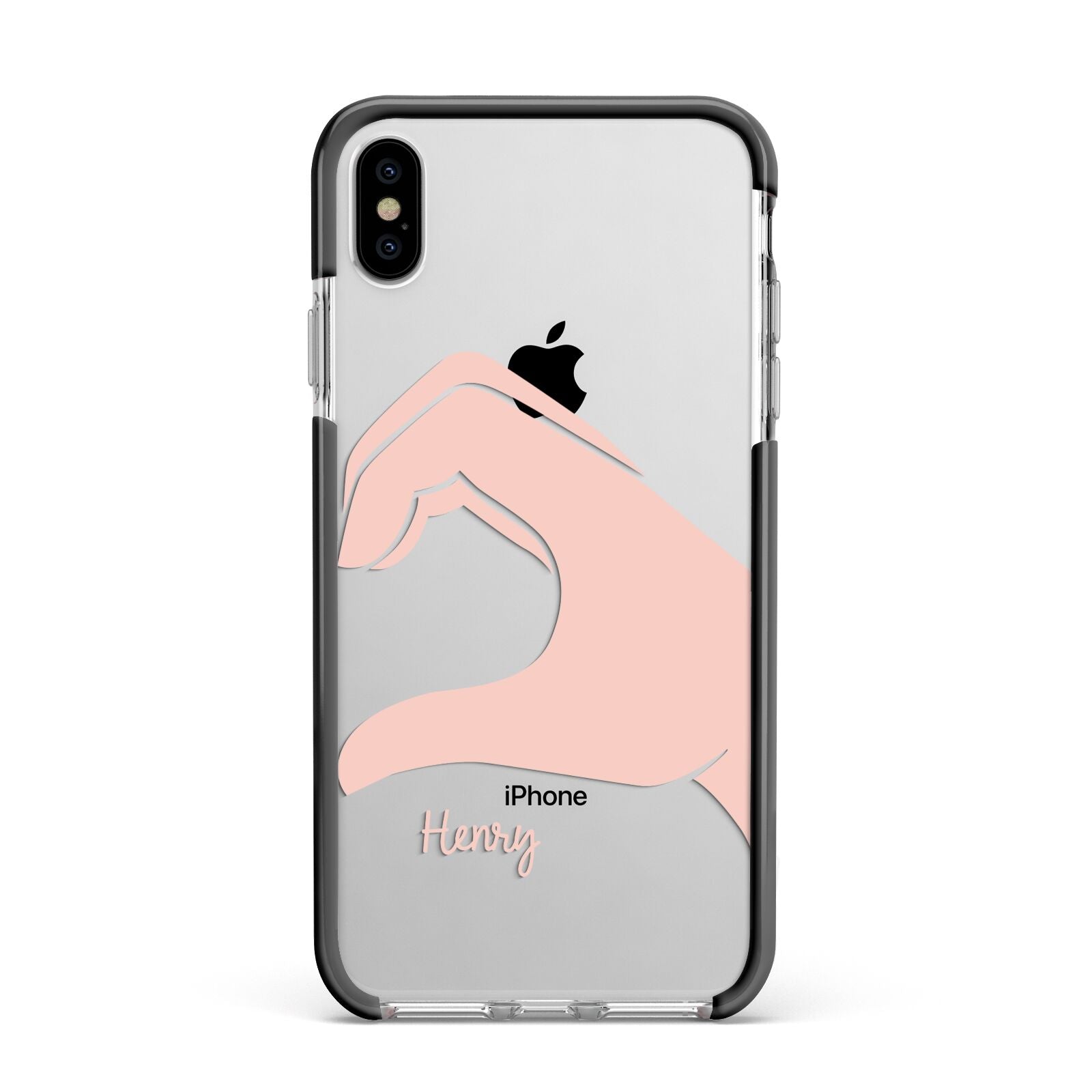 Right Hand in Half Heart with Name Apple iPhone Xs Max Impact Case Black Edge on Silver Phone
