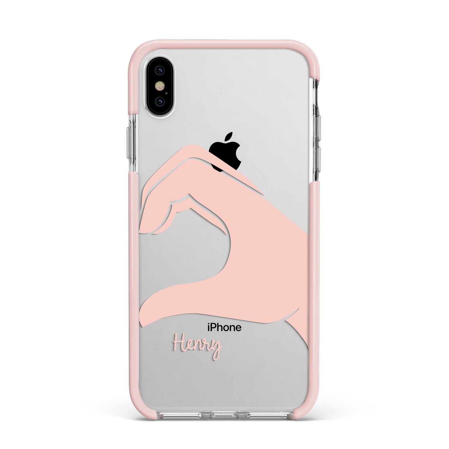 Right Hand in Half Heart with Name Apple iPhone Xs Max Impact Case Pink Edge on Silver Phone