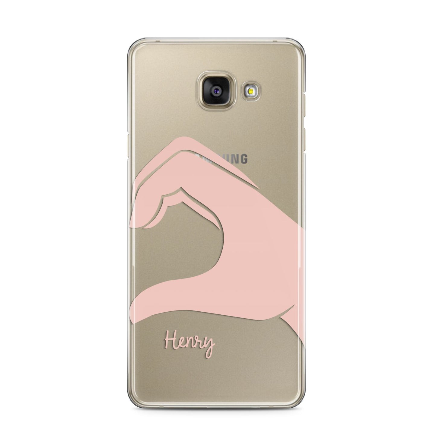 Right Hand in Half Heart with Name Samsung Galaxy A3 2016 Case on gold phone