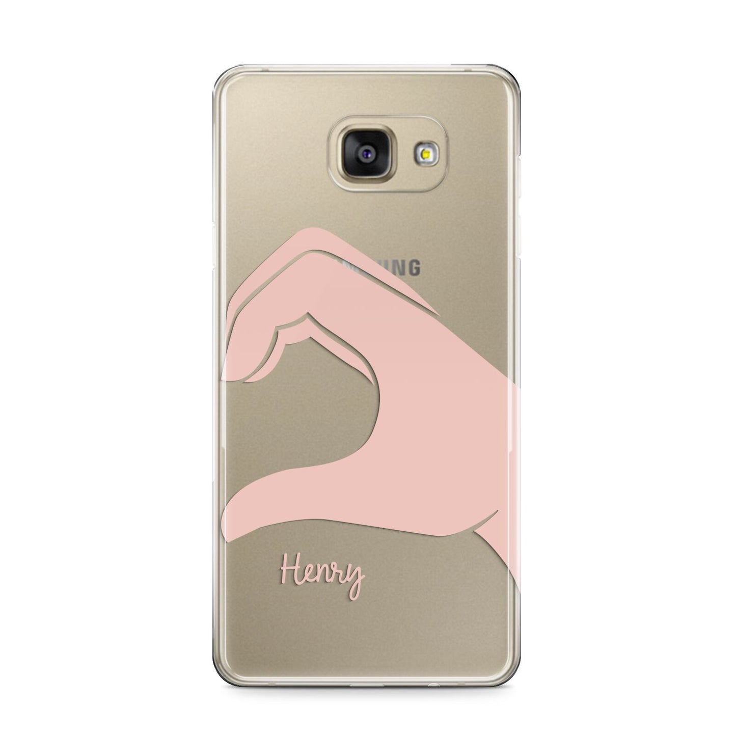 Right Hand in Half Heart with Name Samsung Galaxy A9 2016 Case on gold phone