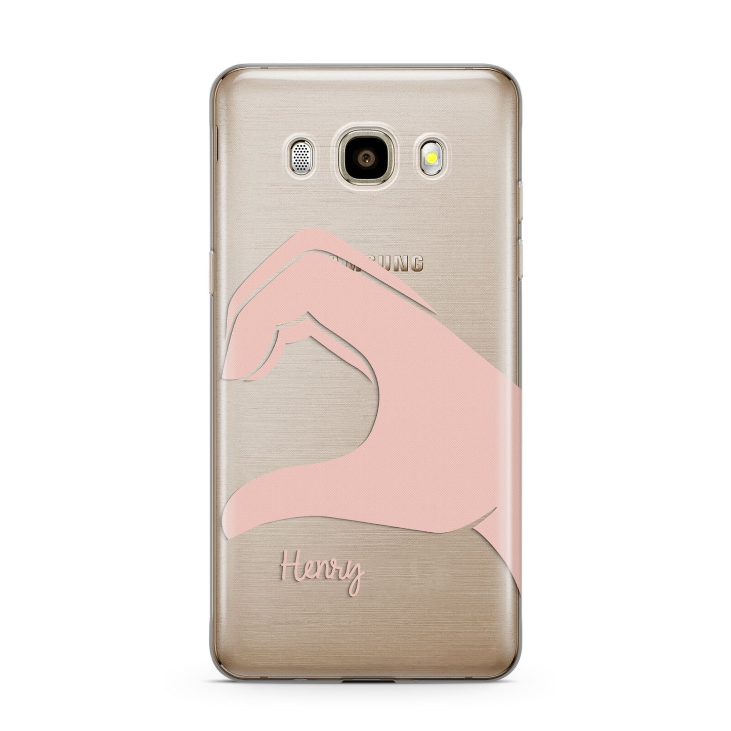 Right Hand in Half Heart with Name Samsung Galaxy J7 2016 Case on gold phone