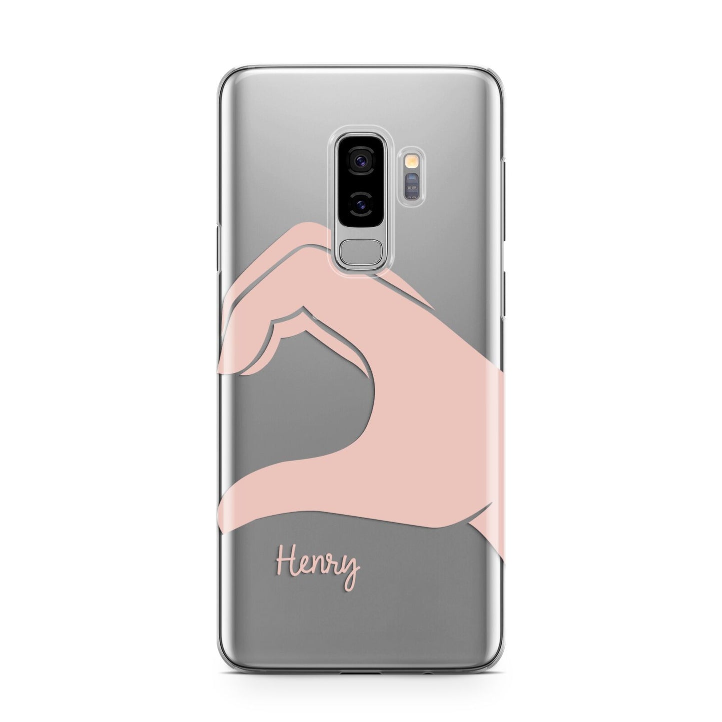 Right Hand in Half Heart with Name Samsung Galaxy S9 Plus Case on Silver phone
