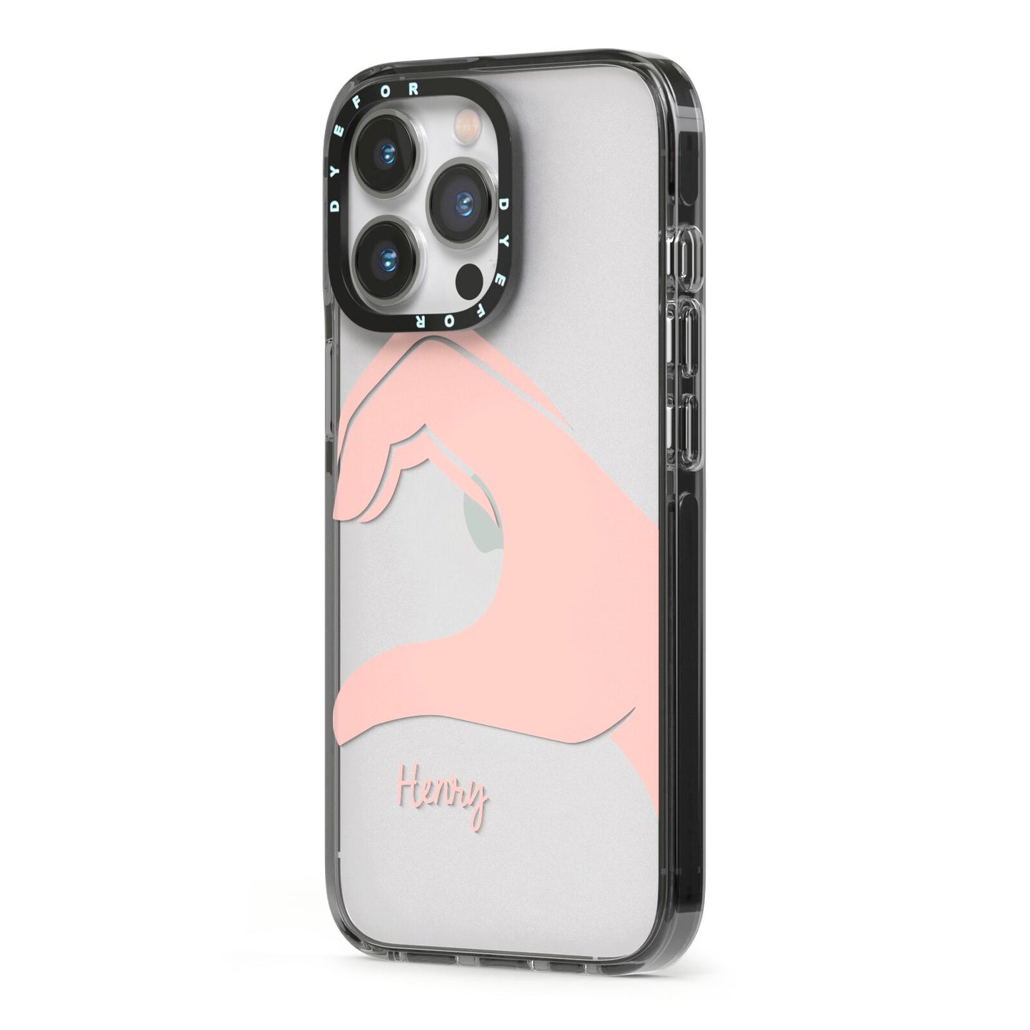 Right Hand in Half Heart with Name iPhone 13 Pro Black Impact Case Side Angle on Silver phone