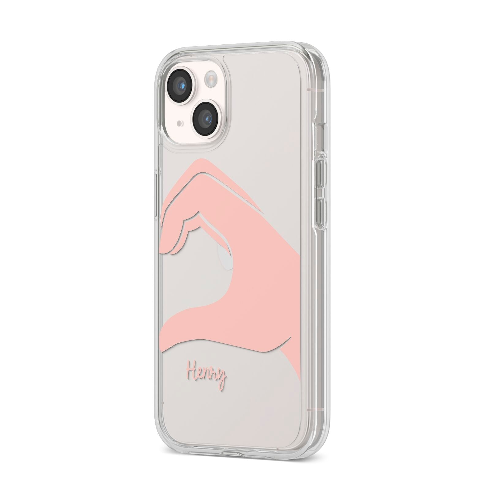 Right Hand in Half Heart with Name iPhone 14 Clear Tough Case Starlight Angled Image