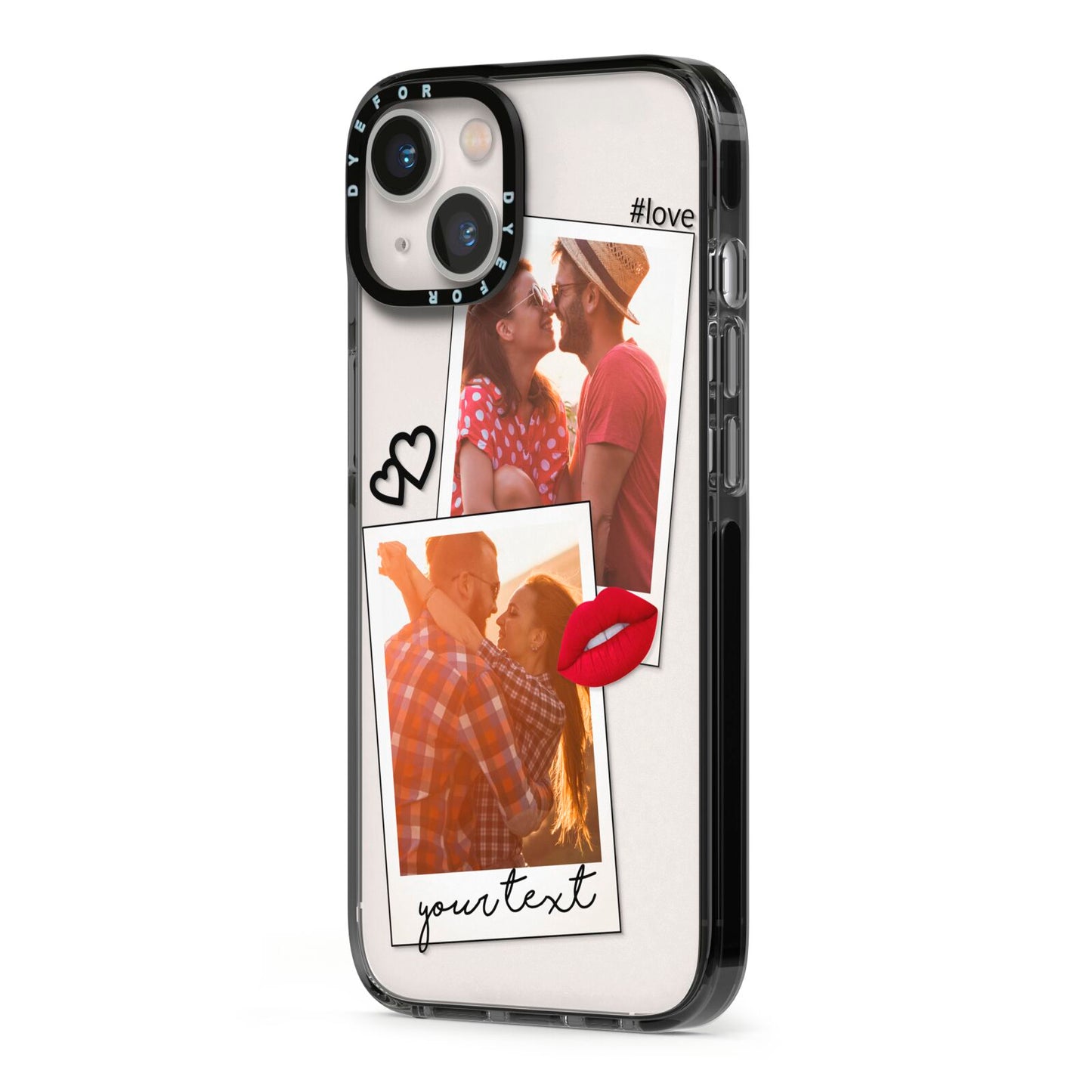 Romantic Pinboard Photo Montage Upload with Text iPhone 13 Black Impact Case Side Angle on Silver phone