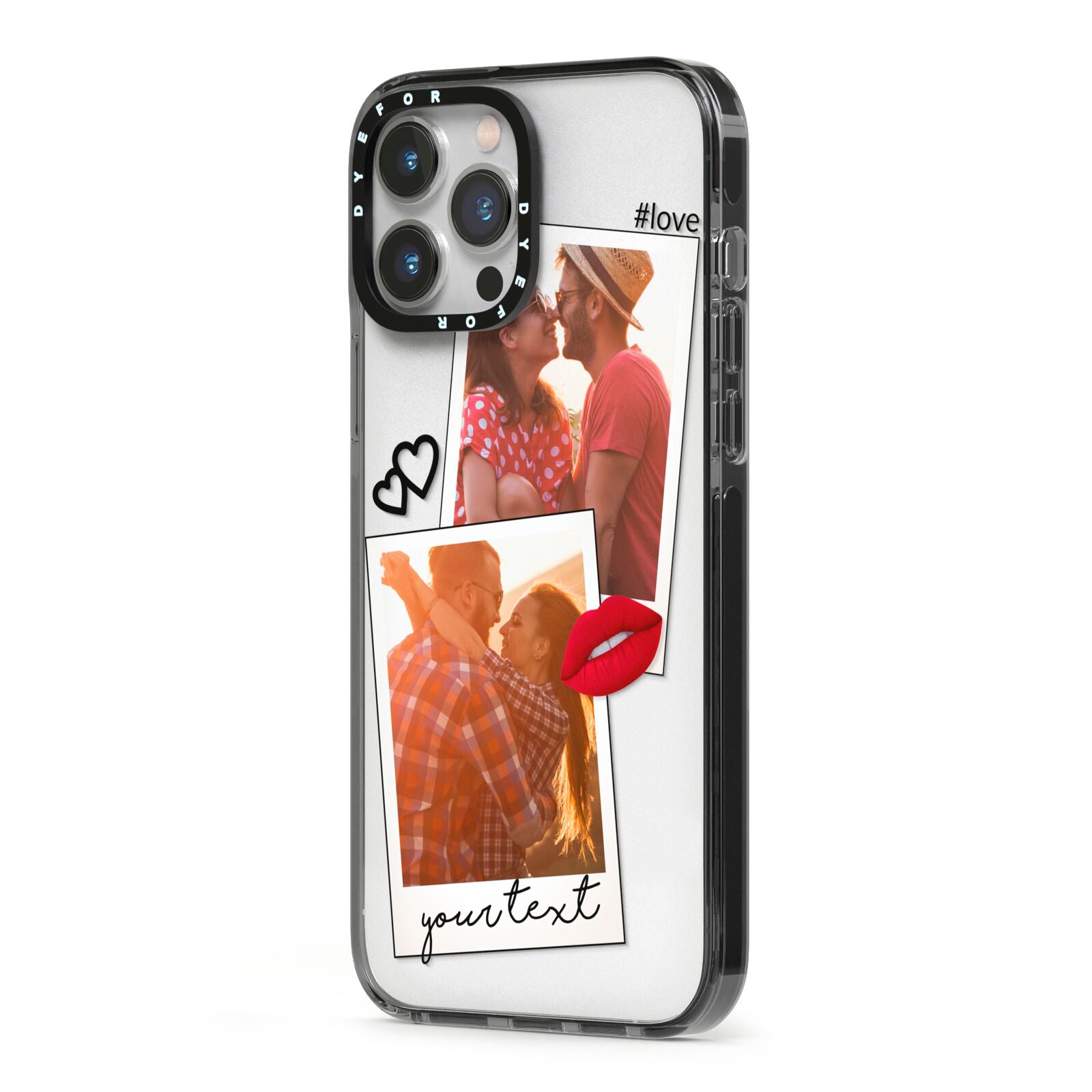 Romantic Pinboard Photo Montage Upload with Text iPhone 13 Pro Max Black Impact Case Side Angle on Silver phone