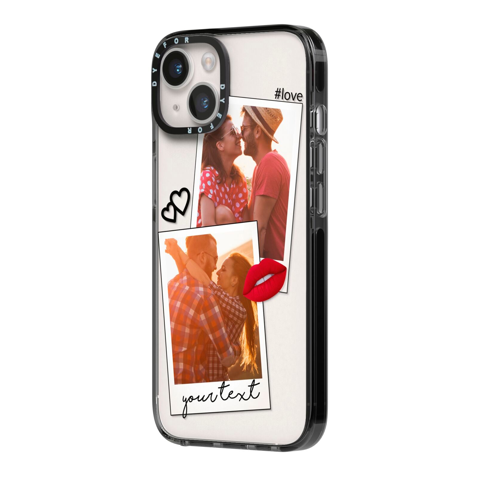 Romantic Pinboard Photo Montage Upload with Text iPhone 14 Black Impact Case Side Angle on Silver phone