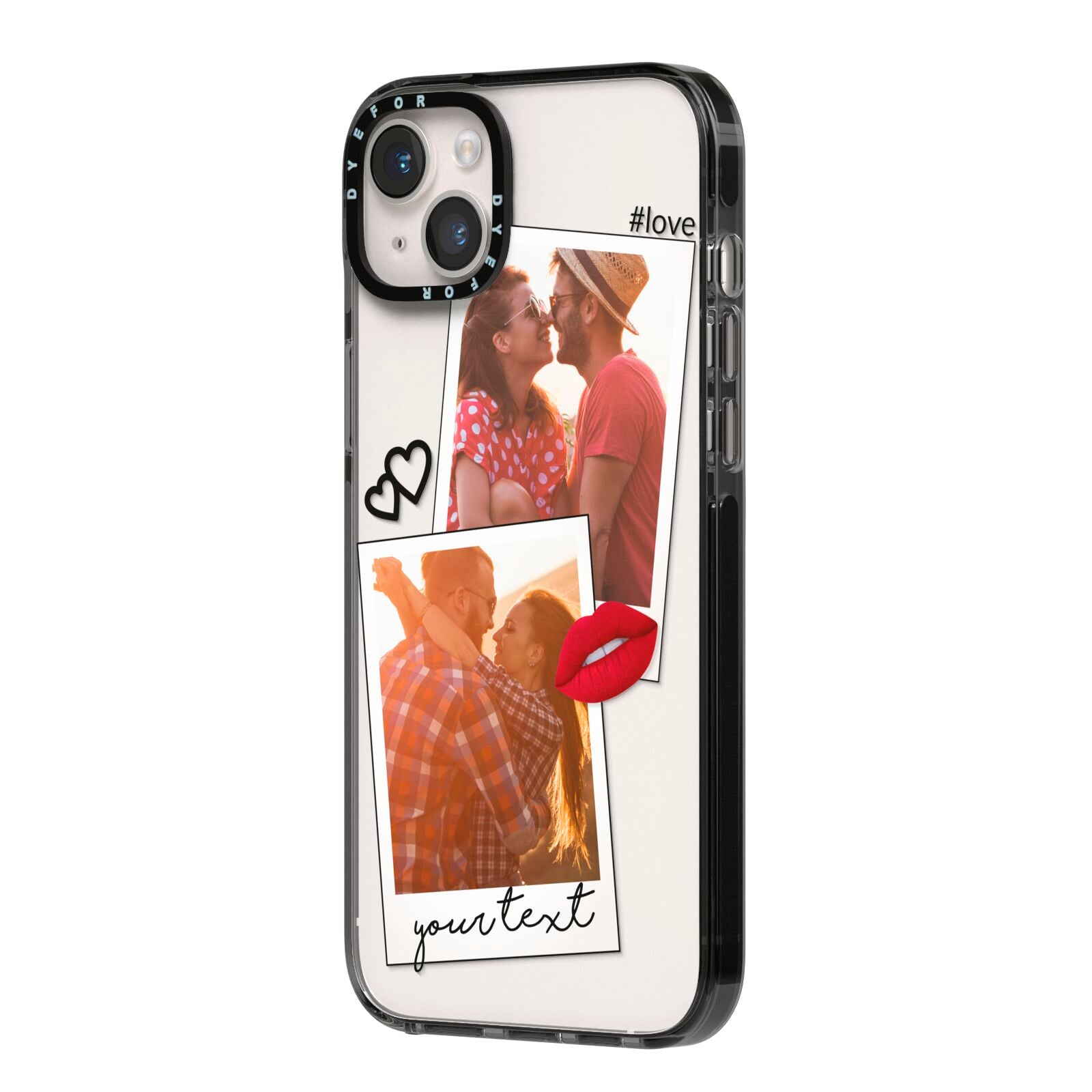 Romantic Pinboard Photo Montage Upload with Text iPhone 14 Plus Black Impact Case Side Angle on Silver phone