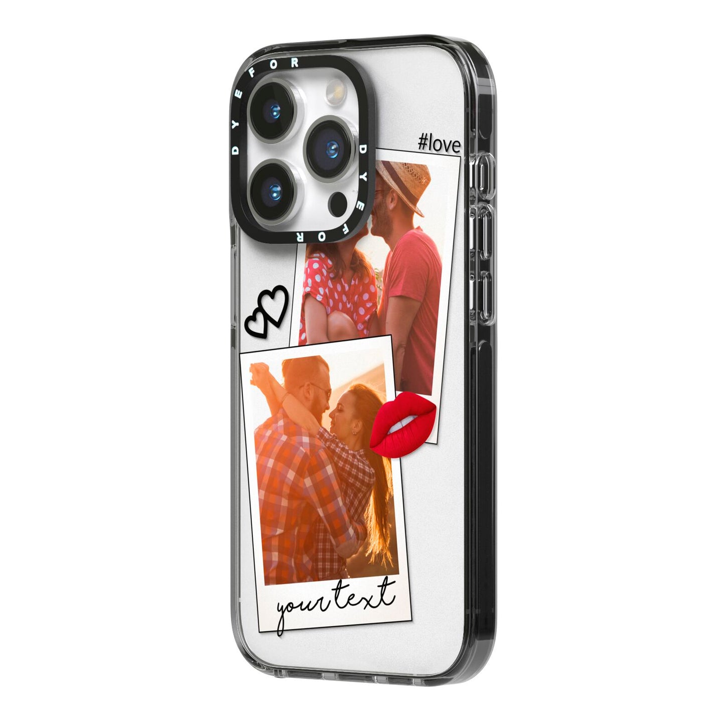 Romantic Pinboard Photo Montage Upload with Text iPhone 14 Pro Black Impact Case Side Angle on Silver phone