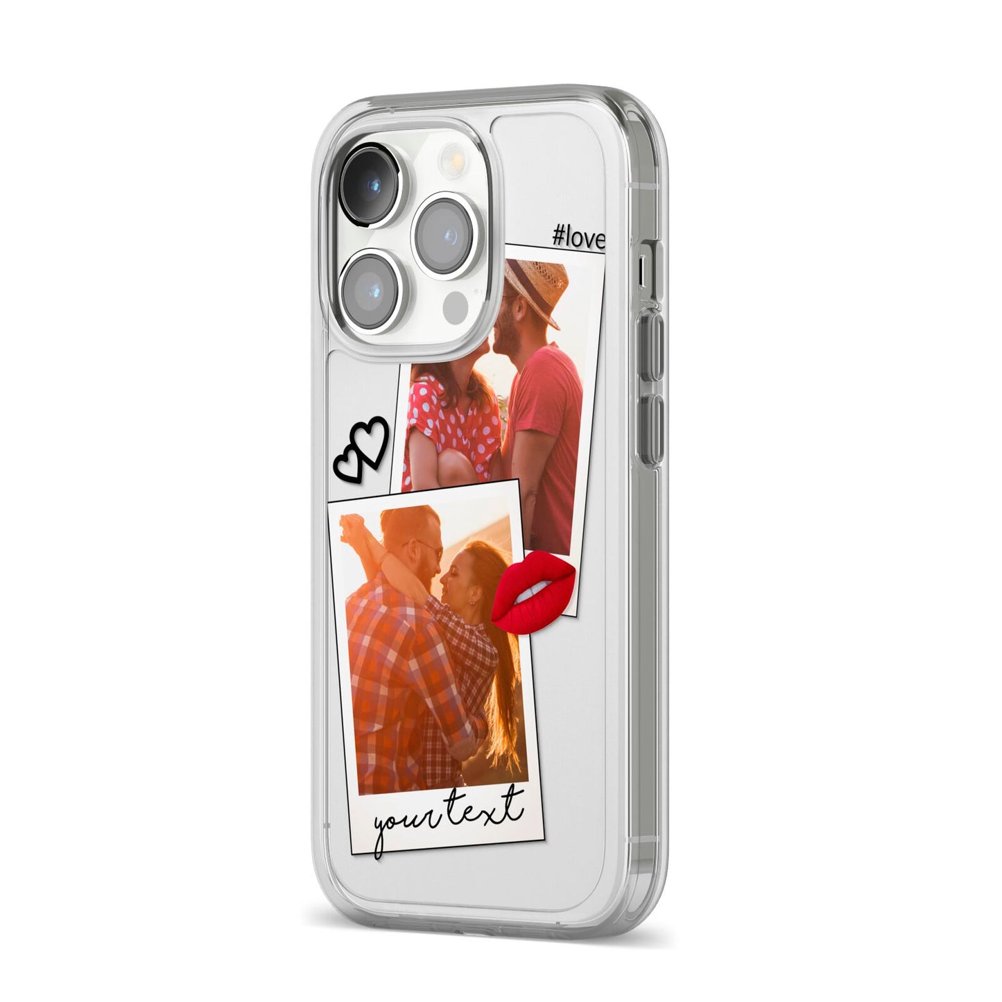 Romantic Pinboard Photo Montage Upload with Text iPhone 14 Pro Clear Tough Case Silver Angled Image