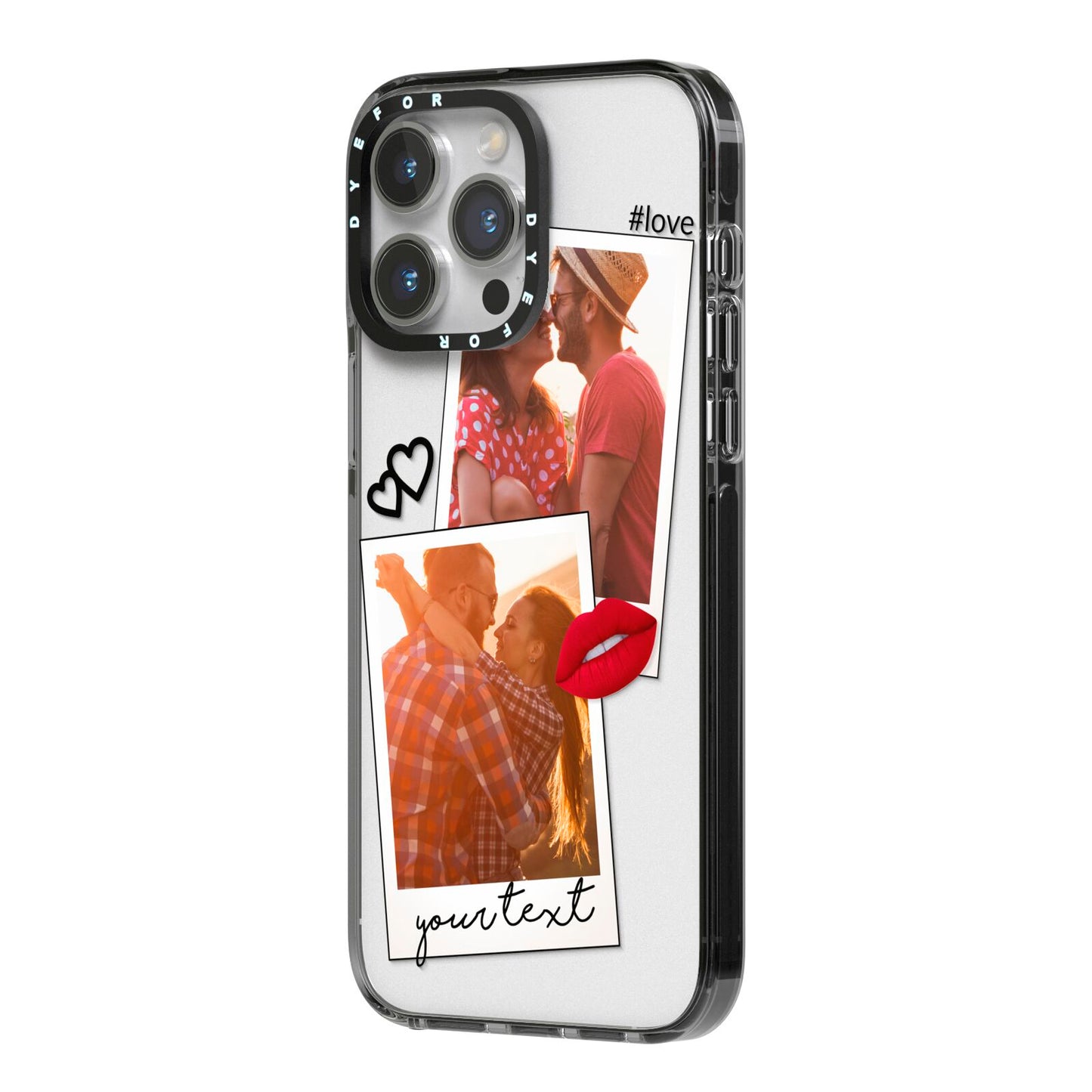 Romantic Pinboard Photo Montage Upload with Text iPhone 14 Pro Max Black Impact Case Side Angle on Silver phone