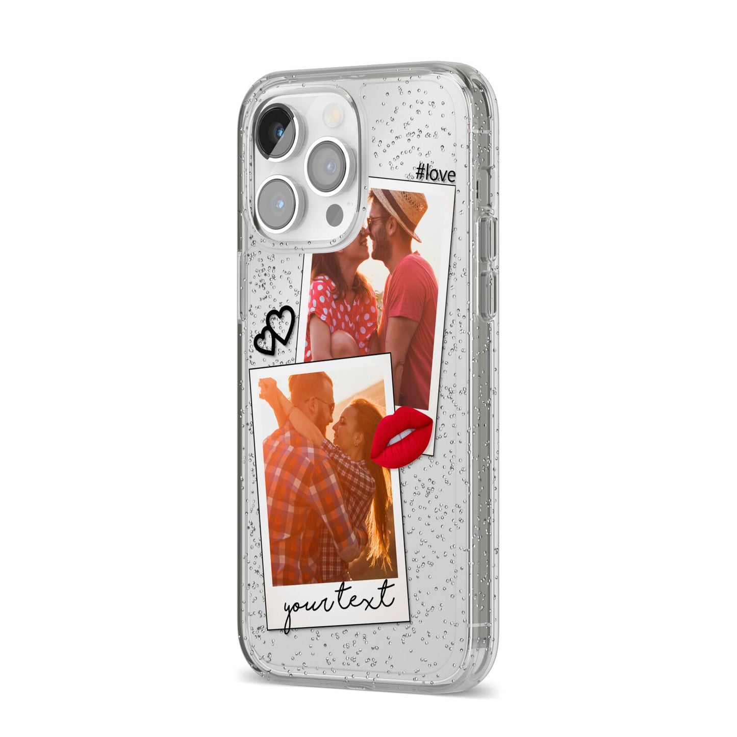 Romantic Pinboard Photo Montage Upload with Text iPhone 14 Pro Max Glitter Tough Case Silver Angled Image