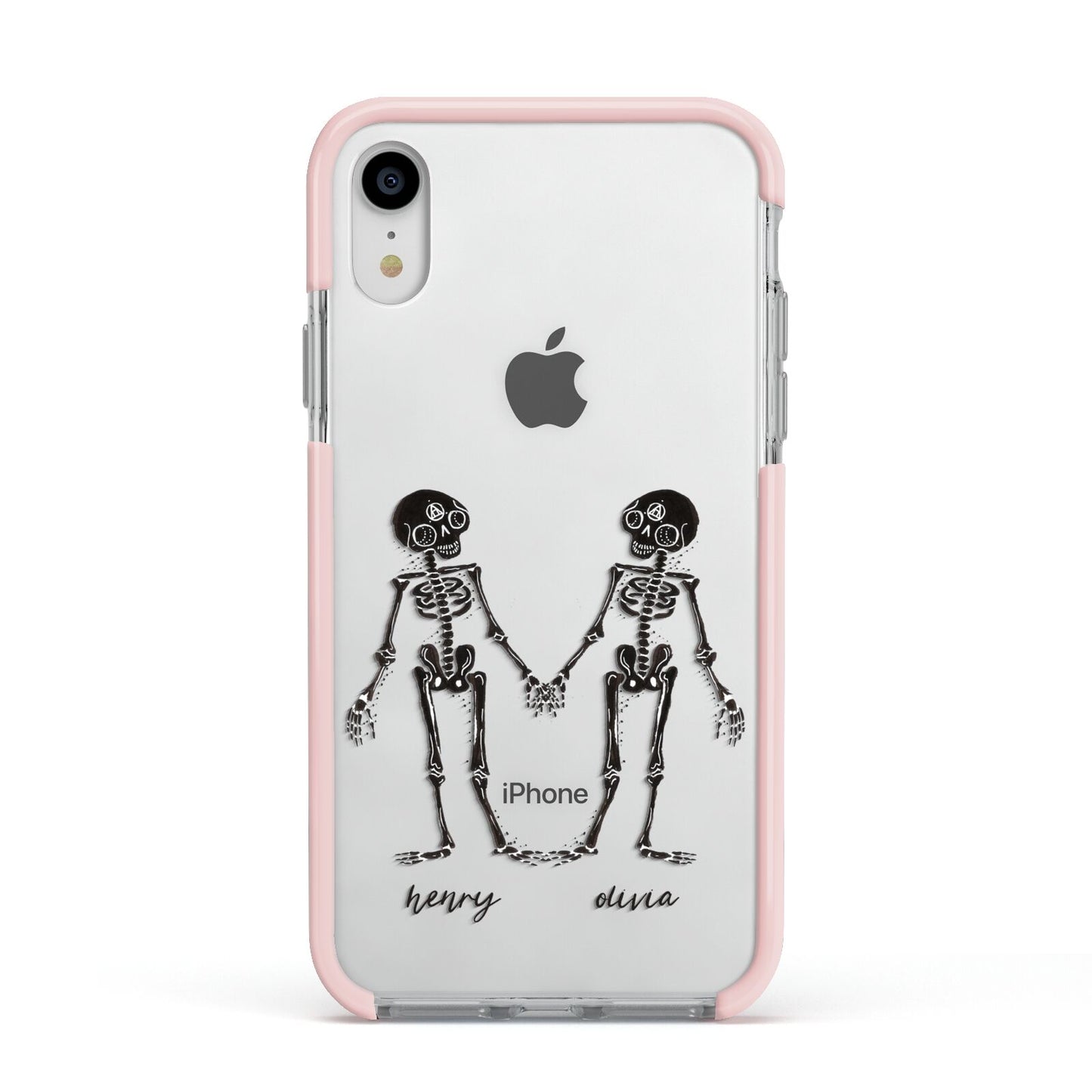 Romantic Skeletons Personalised Apple iPhone XR Impact Case Pink Edge on Silver Phone